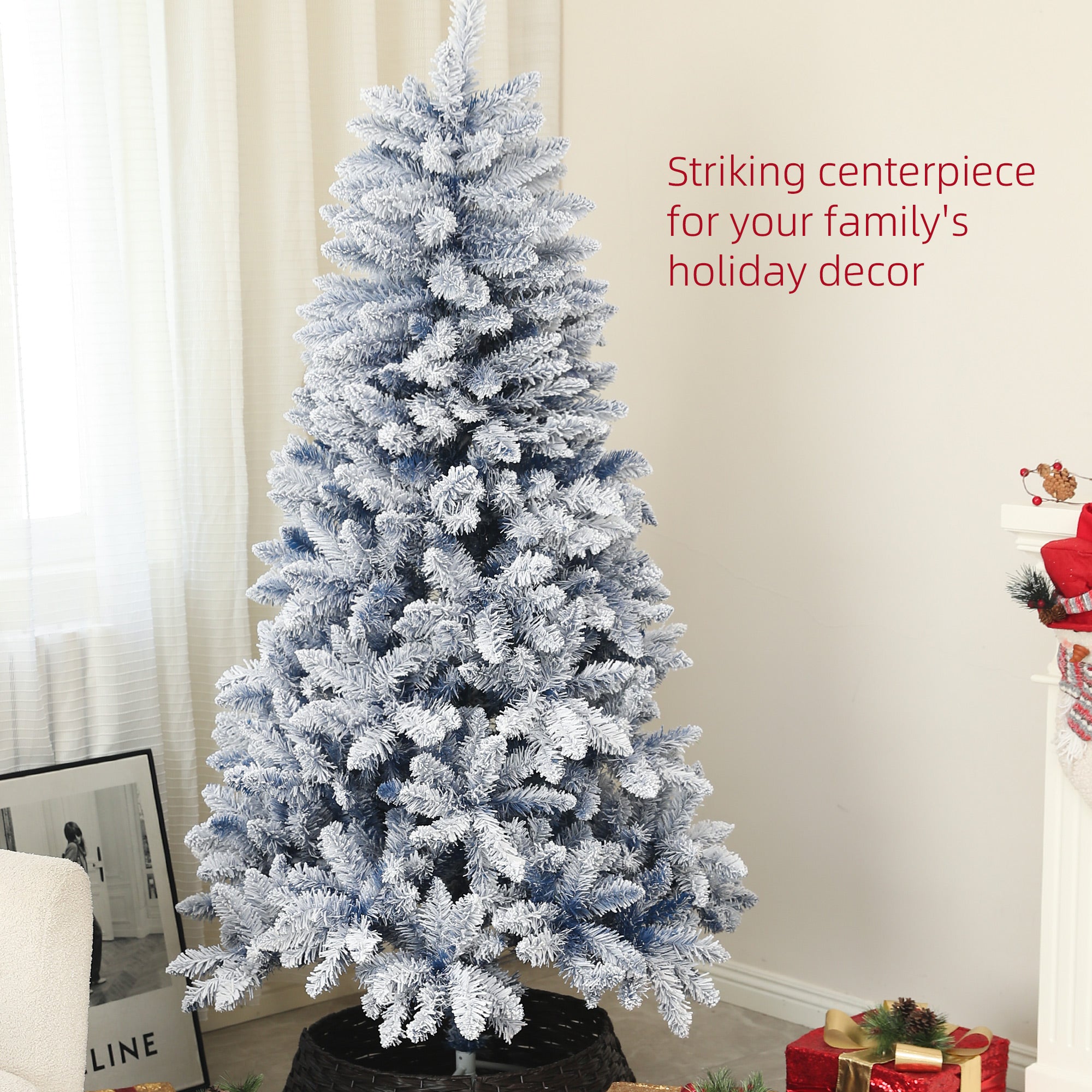 5ft Flocked Artificial Christmas Tree with 450 Snow Frosted Tips, Metal Stand, Snowy Hinged Xmas Tree, Blue