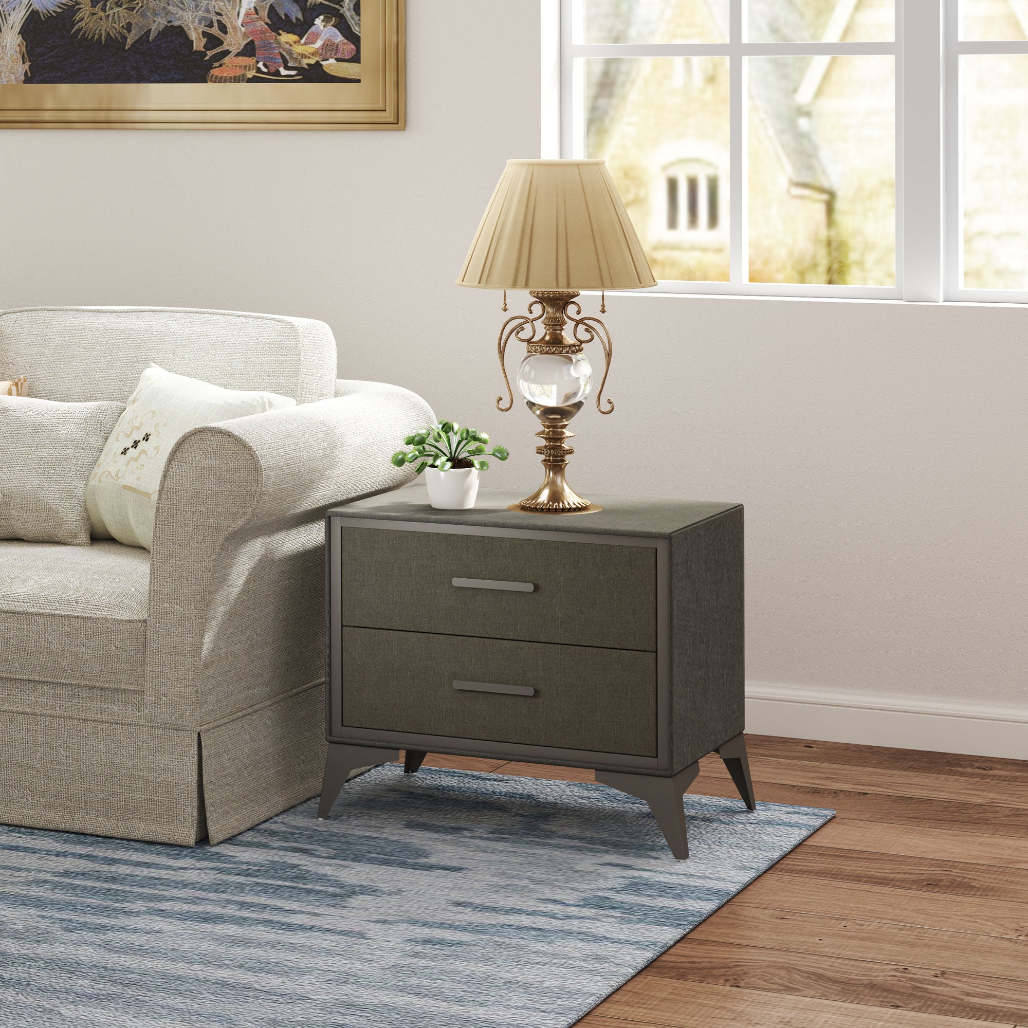 Velvet Bedside Table, Side Table with 2 Drawers, Modern Bedside Cabinet with Storage and Steel Legs for Bedroom, Living Room, Brown