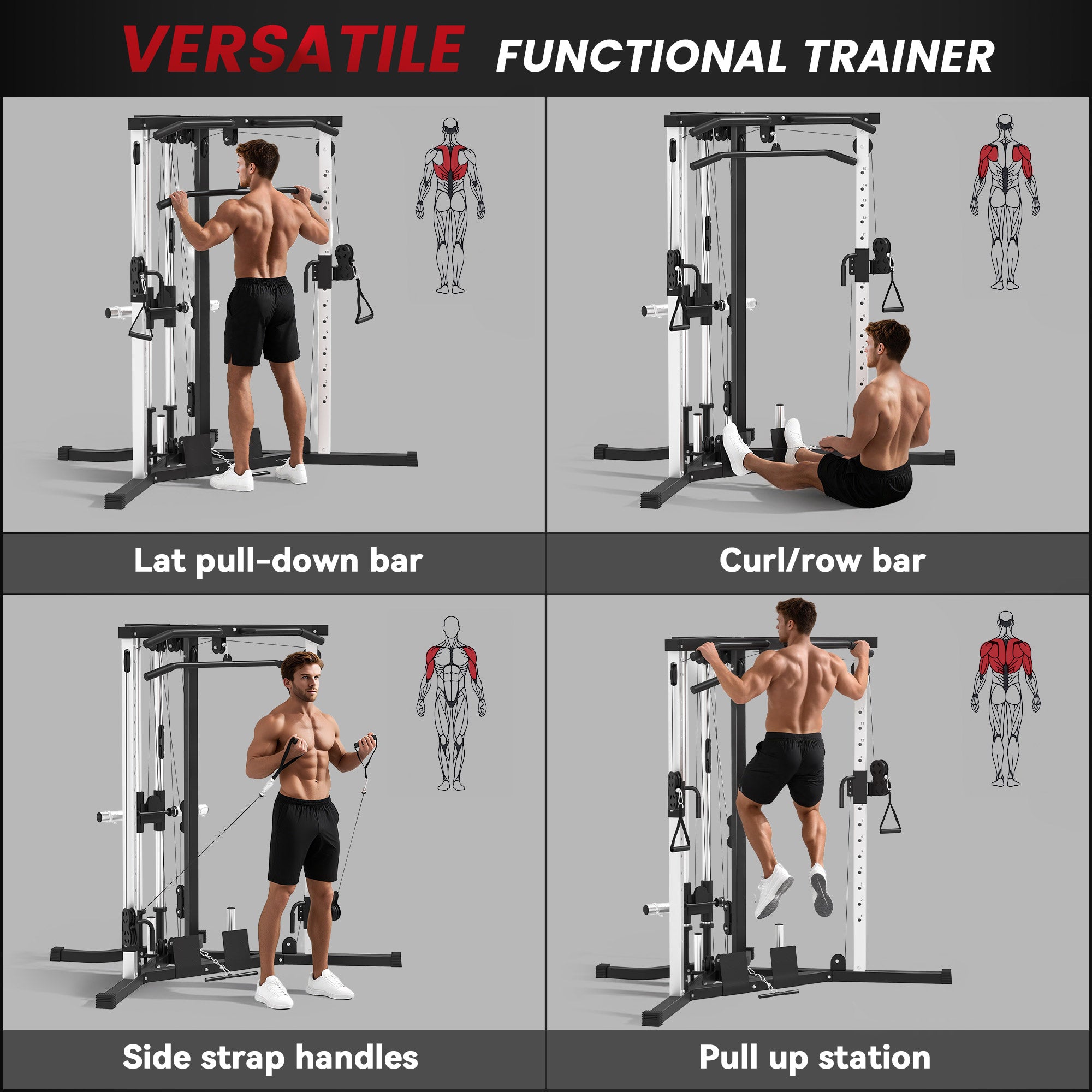 Home Gym Machine, Multifunctional Gym Equipment with High and Low Pulleys, Pull Up Bar, 15-Position Adjustable Strength Training Workout Station for Full Body Fitness