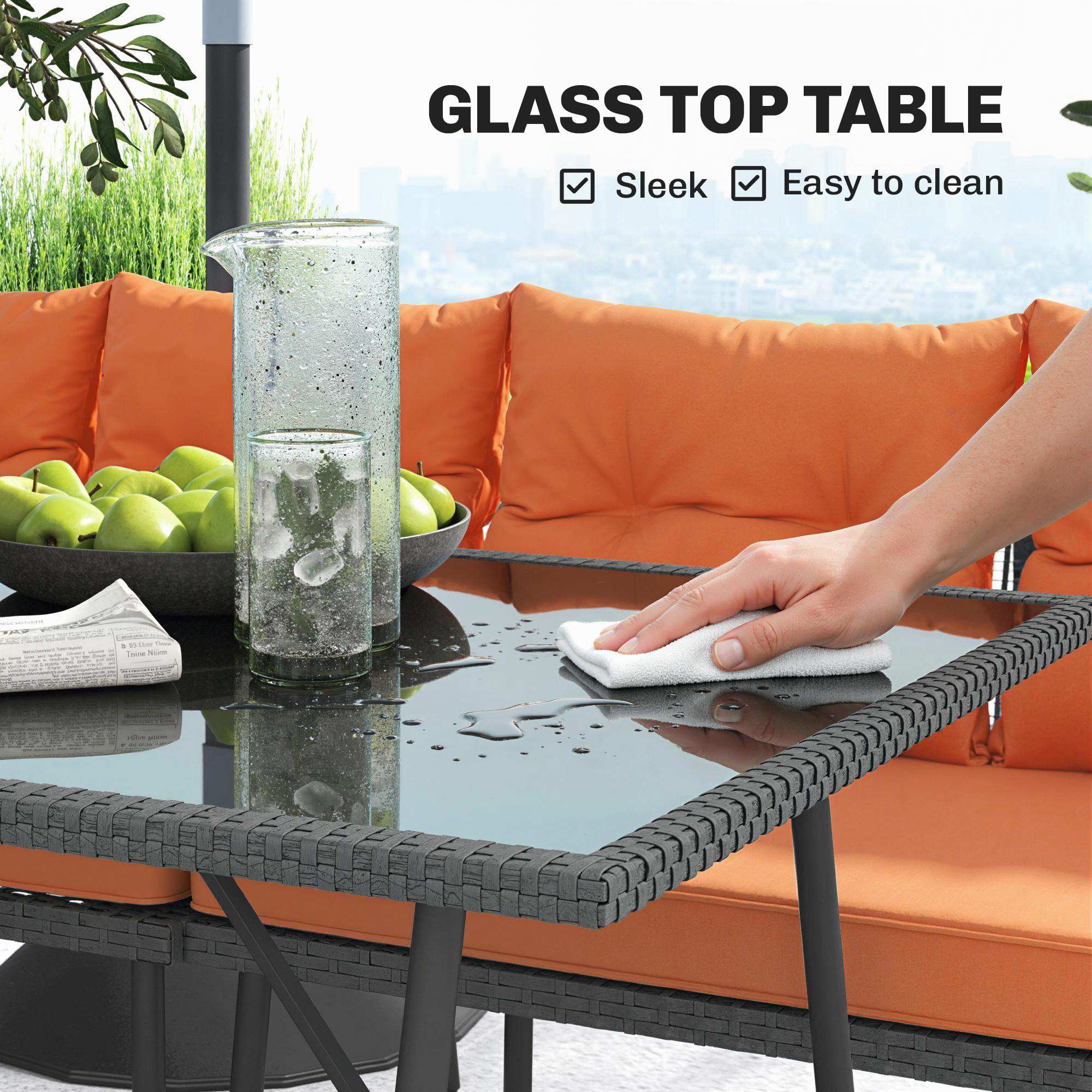 6 Piece Rattan Garden Furniture Set, 8 Seater Garden Corner Sofa with Cushions and Glass Top Table, Orange