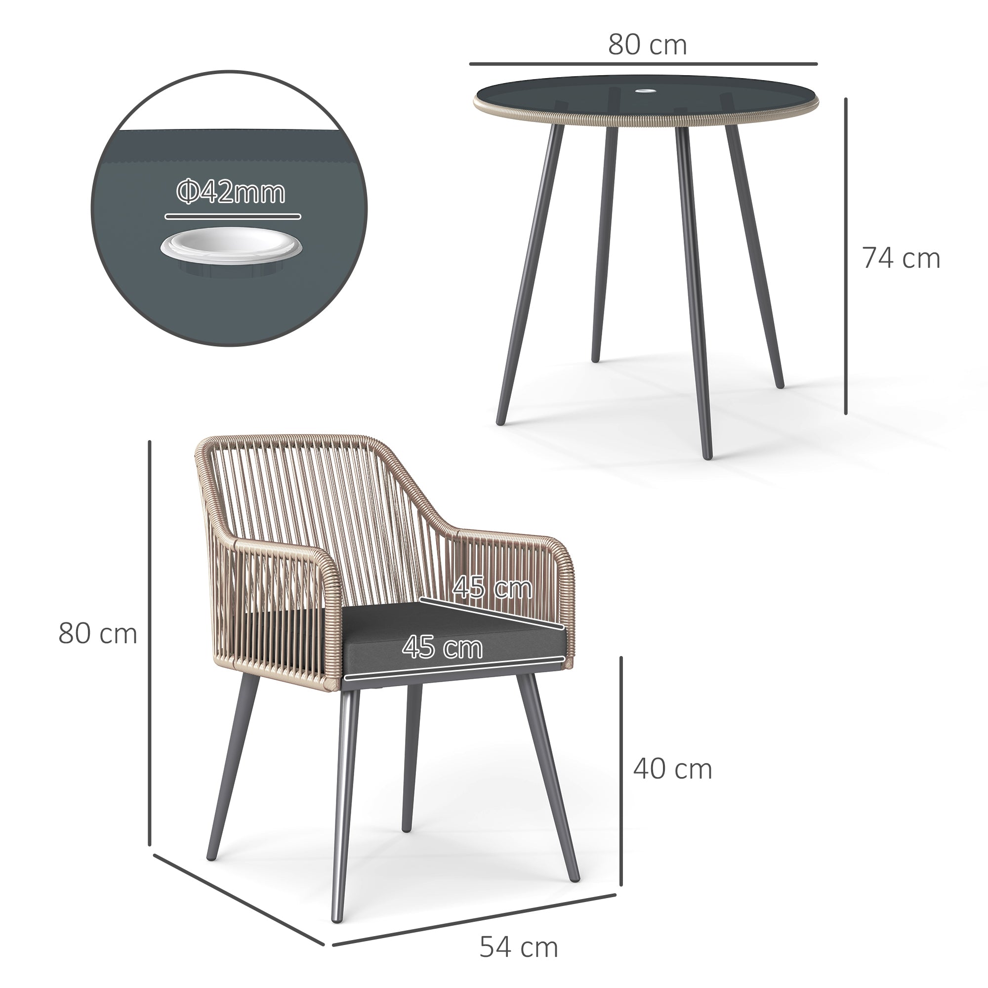 4 Seater Rattan Garden Dining Set with Cushions and Parasol Hole, Round Glass Top Table - Light Brown