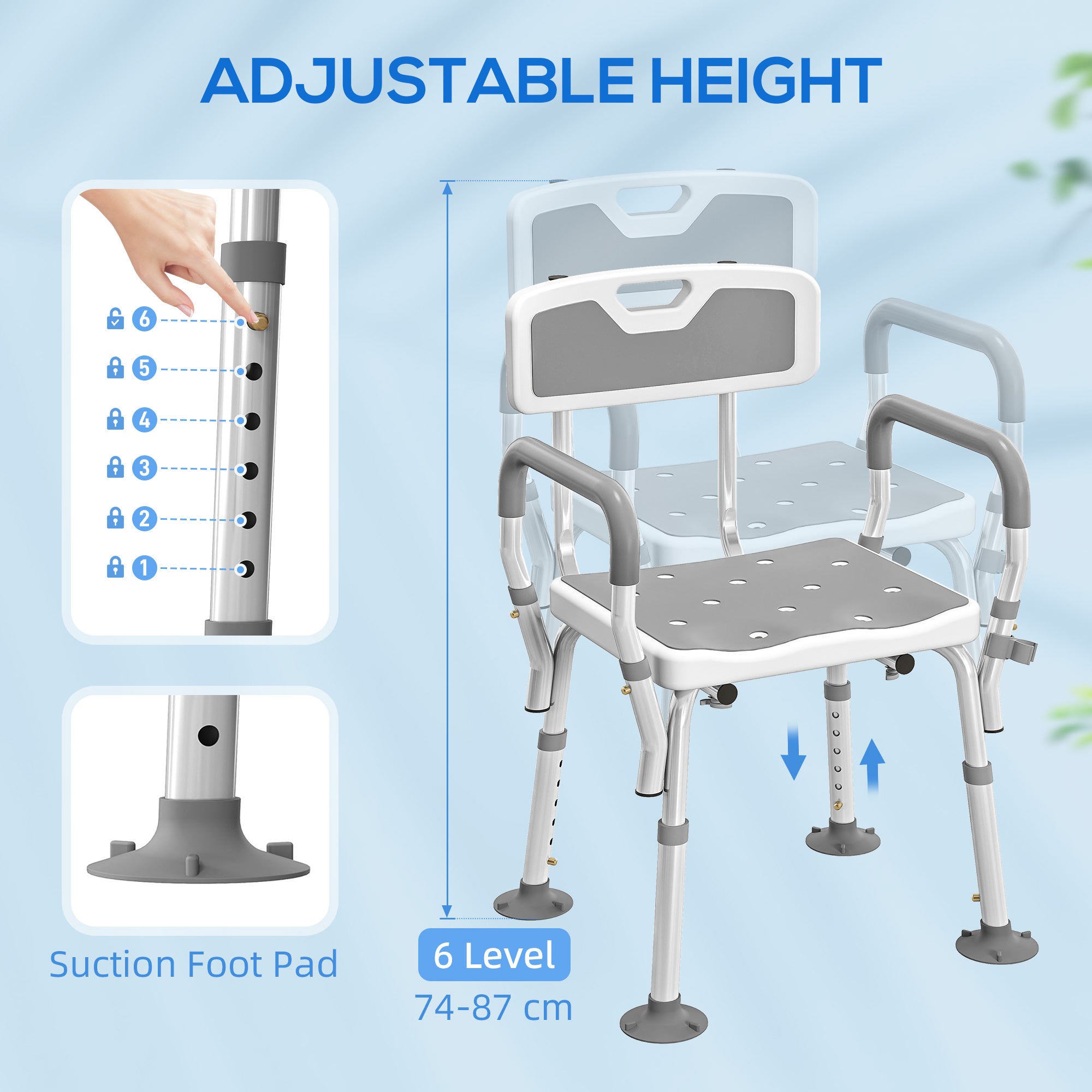 EVA Padded Shower Chair for the Elderly and Disabled, Height Adjustable Shower Stool with Back and Arms, 4 Suction Foot Pads, Light Grey