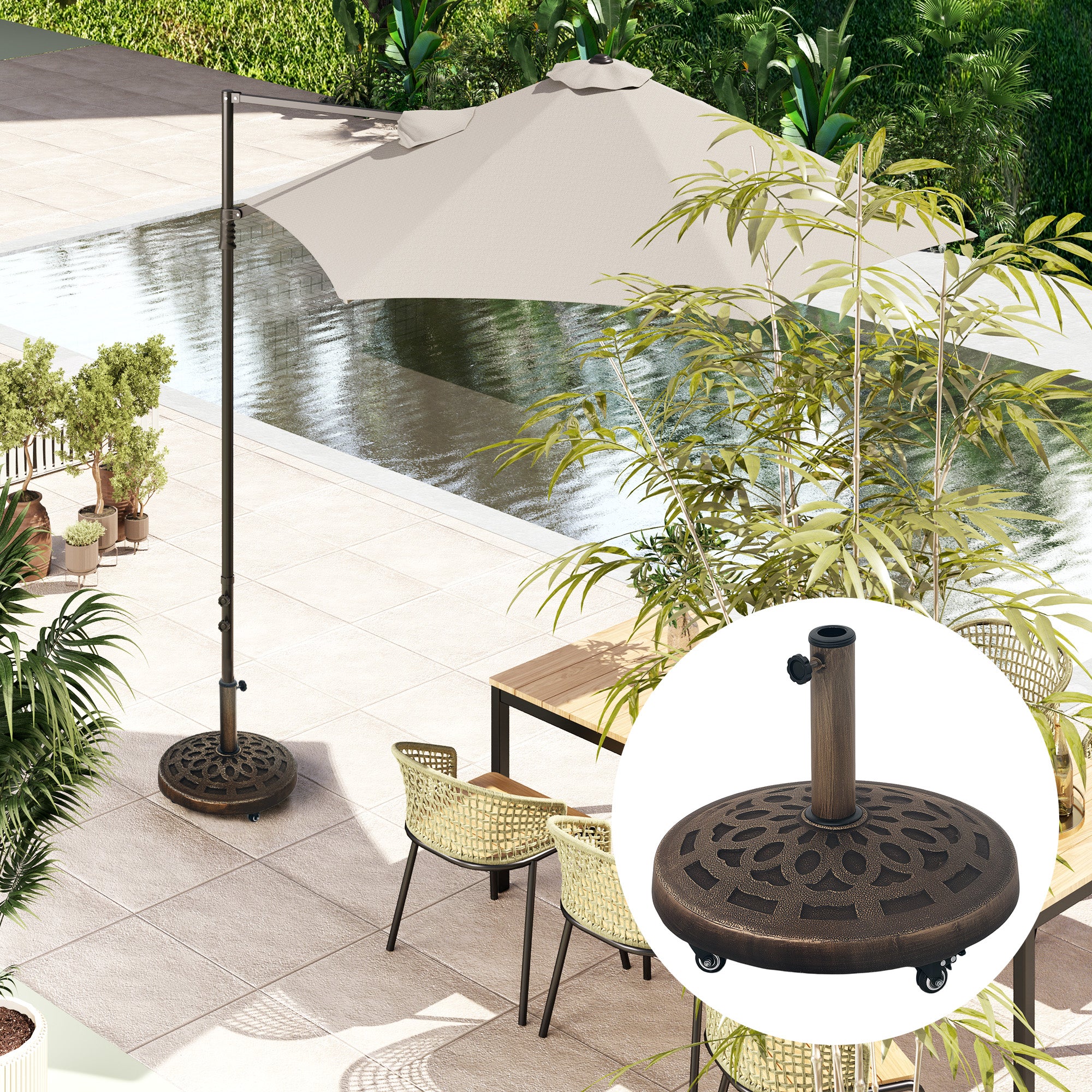 21kg Resin Garden Parasol Base with Wheels, Round Umbrella Stand, Heavy Duty Sun Umbrella Base for 34, 38, 48 mm Umbrella Poles for Deck Poolside, Bronze Tone