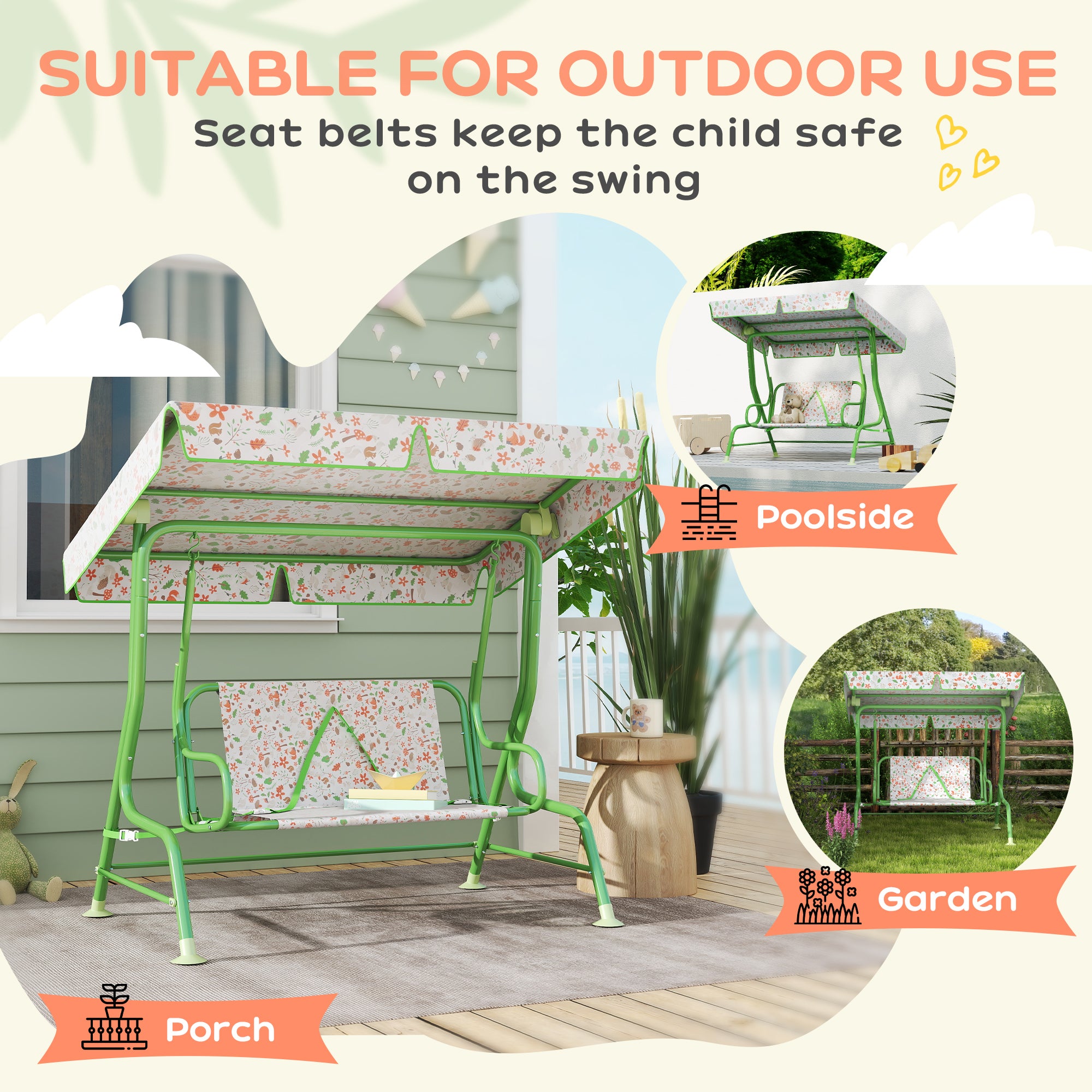 2 Seater Kids Garden Swing Bench with Adjustable Canopy - Green