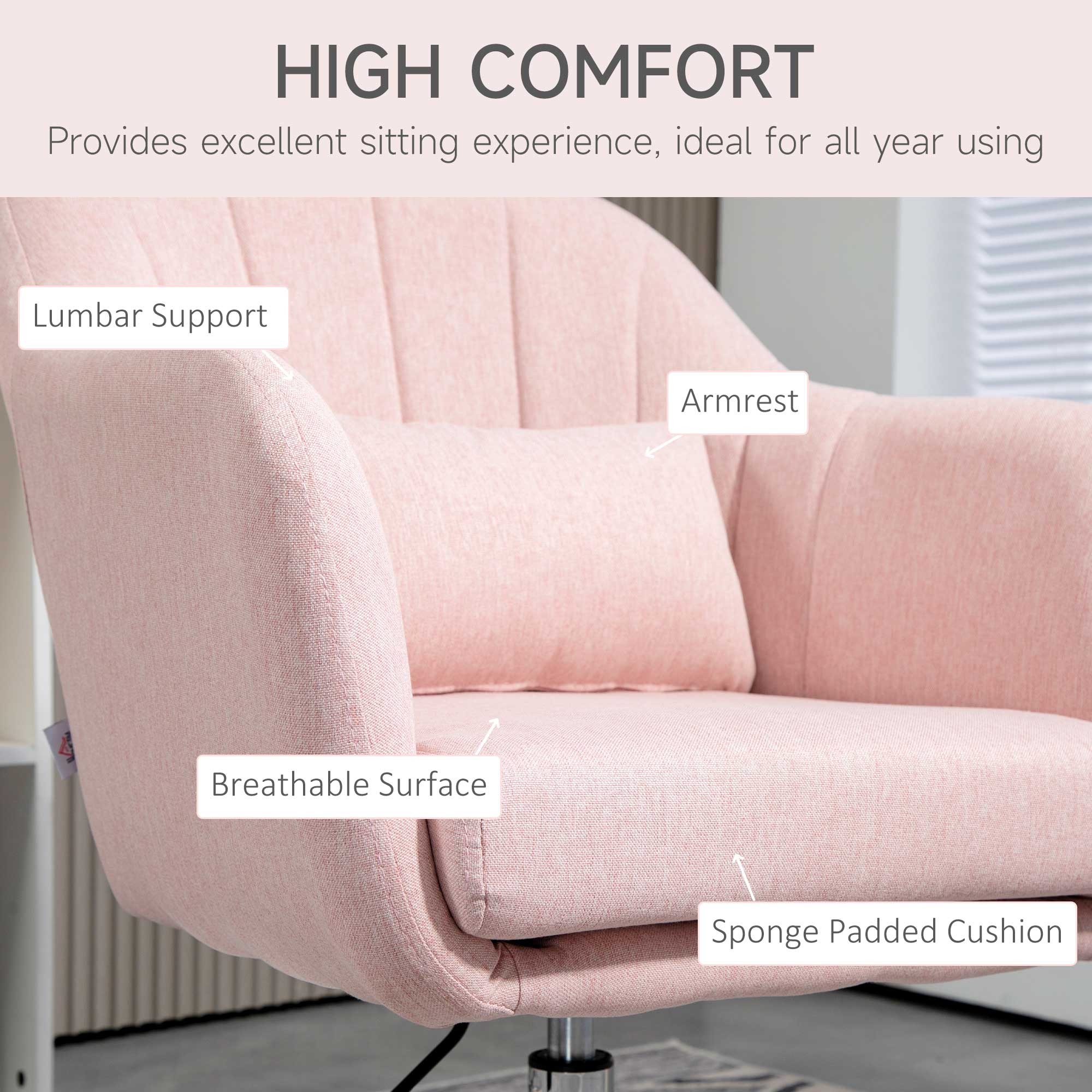 Swivel Linen Fabric Accent Chair for Living Room Contemporary Vanity Armchair with Adjustable Height Thick Cushion Lumbar Support Armrest for Bedroom Office Pink