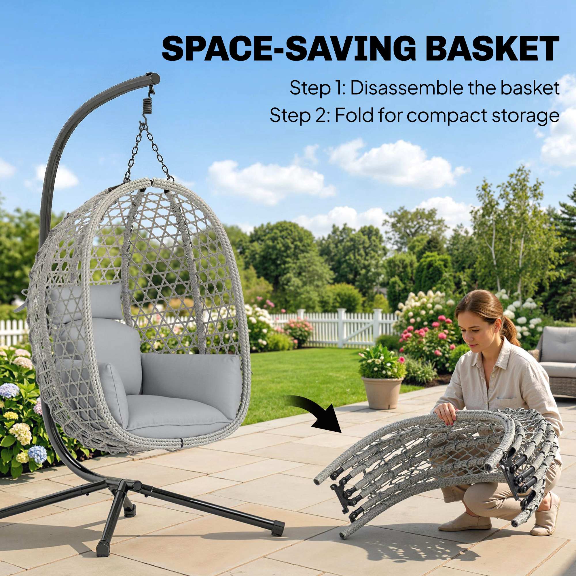 Hanging Egg Chair, Indoor Outdoor Rattan Hammock Swing Chair with Stand, Safety Strap, Foldable Basket, Light Grey