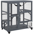 Wooden Outdoor Catio Cat Enclosure with Platforms, Hammock & Wheels - Light Grey