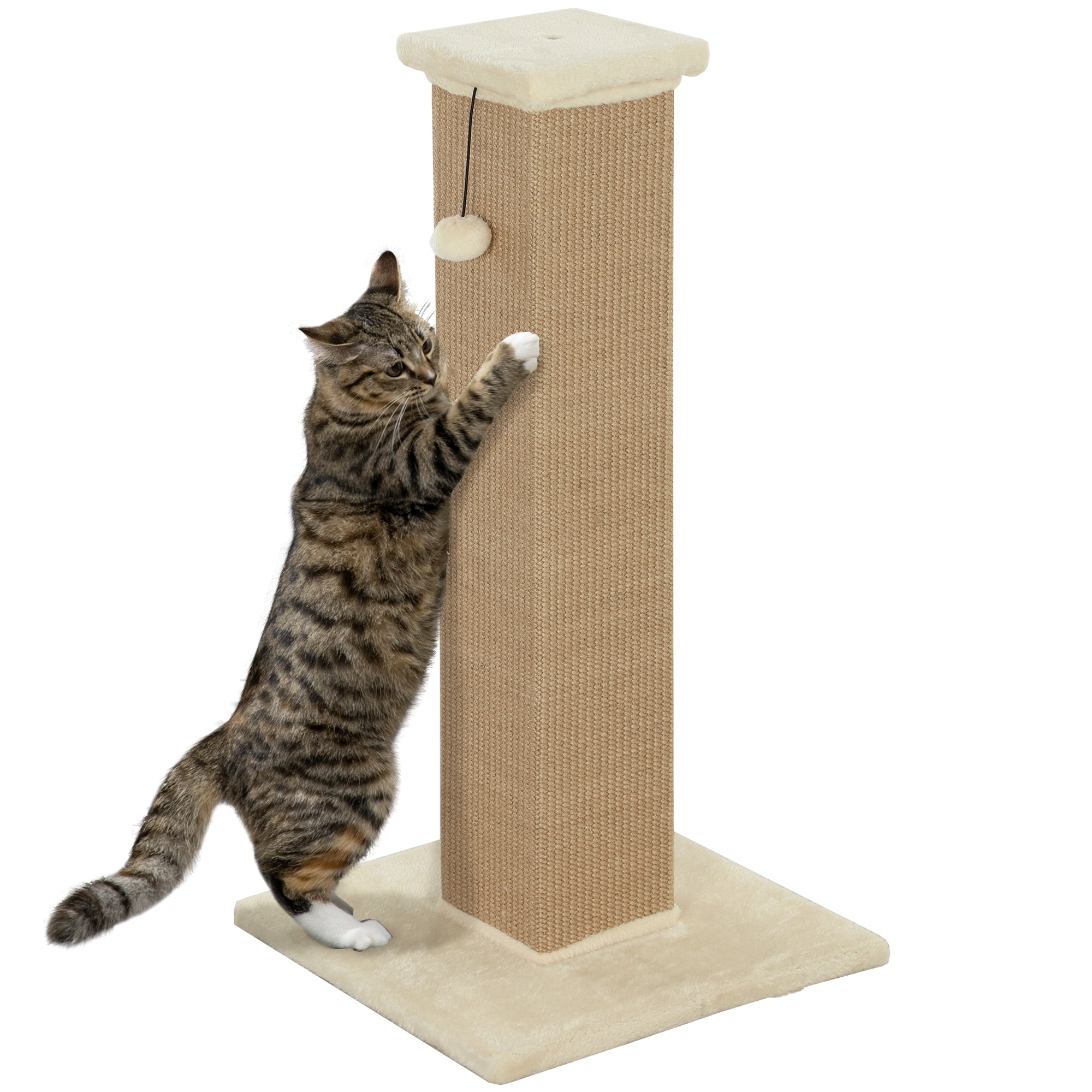 81cm Cat Scratcher, Vertical Full Scratcher w/ Natural Jute Rope, Hanging Ball, Soft Plush - Beige