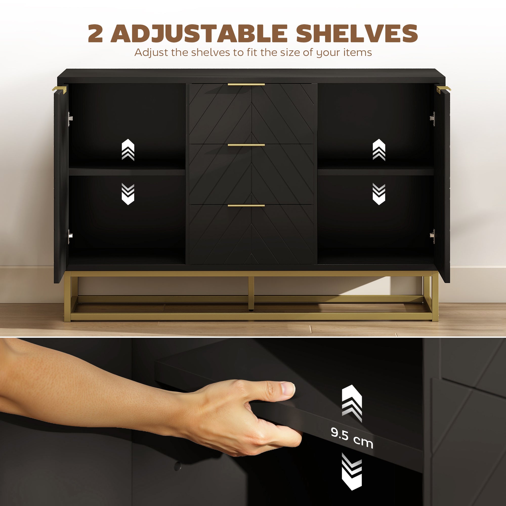 Sideboard with 3 Drawers and Adjustable Shelves for Living Room - Black