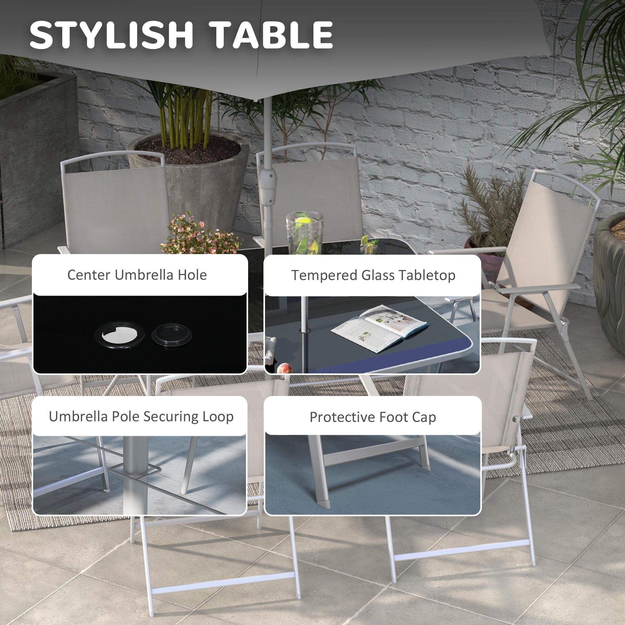 8 Piece Garden Dining Set with Glass Table and Parasol - Grey