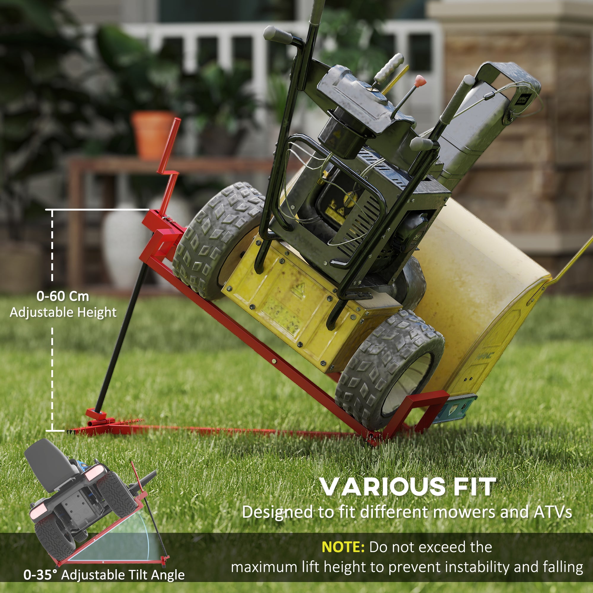 400 kg Foldable Ride-On Mower Jack Lift, Adjustable Steel Lifting Device, for Lawn Mower, ATV, Red