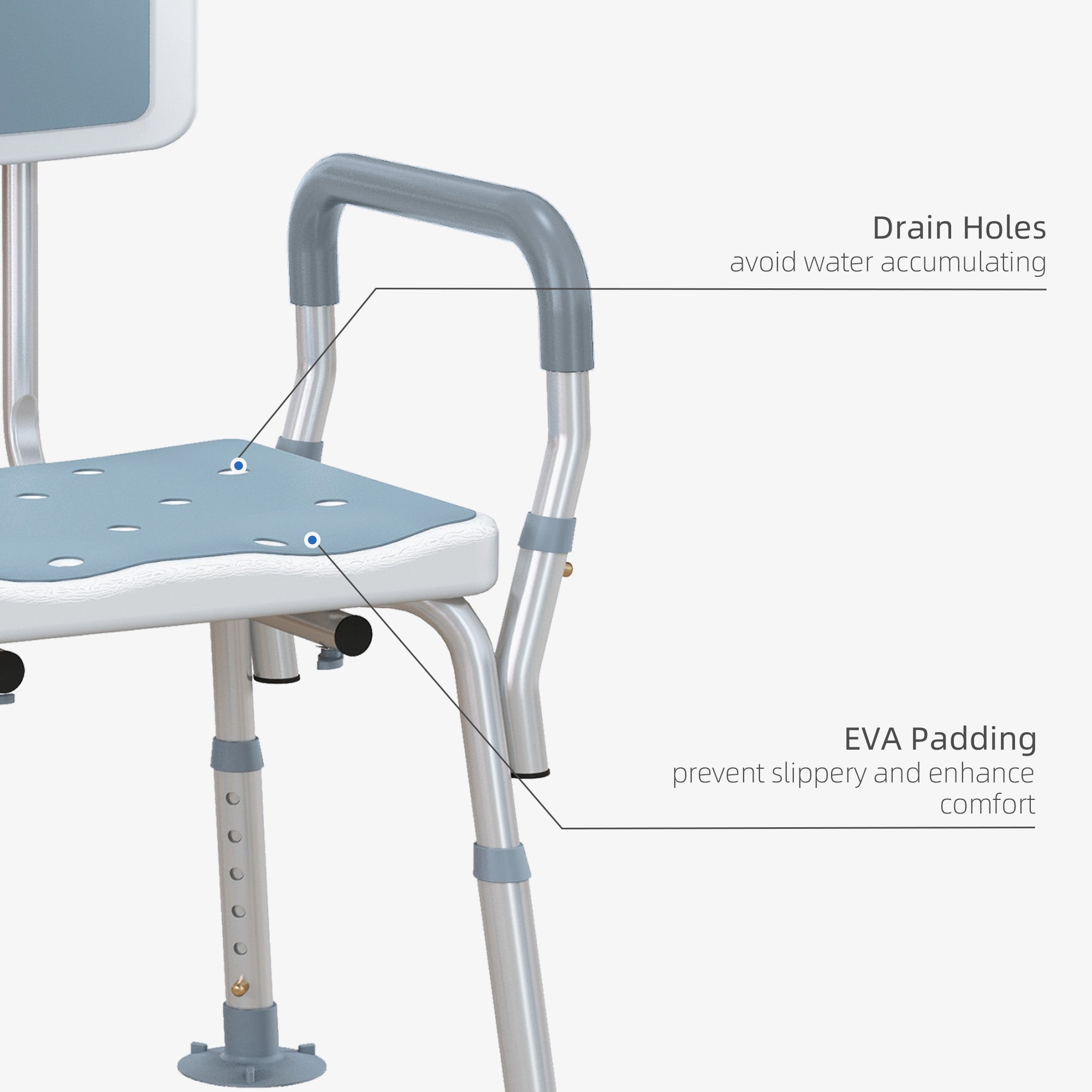 EVA Padded Shower Chair for the Elderly and Disabled, Height Adjustable Shower Stool with Back and Arms, 4 Suction Foot Pads, Light Blue