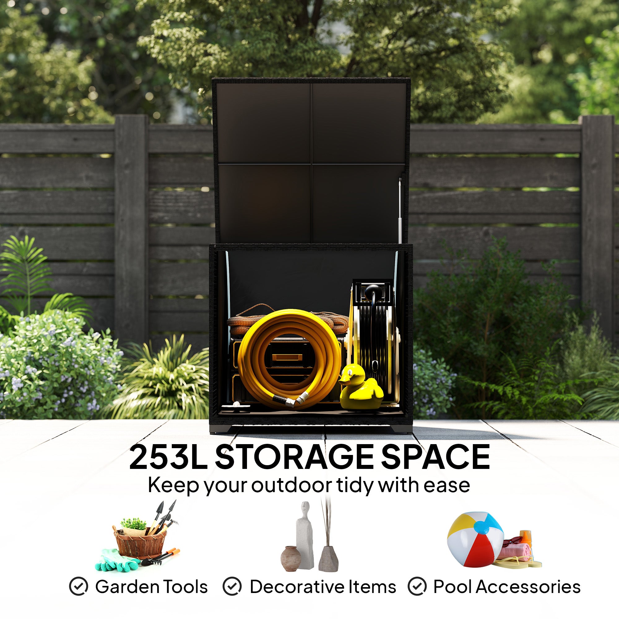 253L Garden Storage Box, Rattan Deck Box with Zipped Liner, Safe Pneumatic Rod, Patio Storage Container, Black