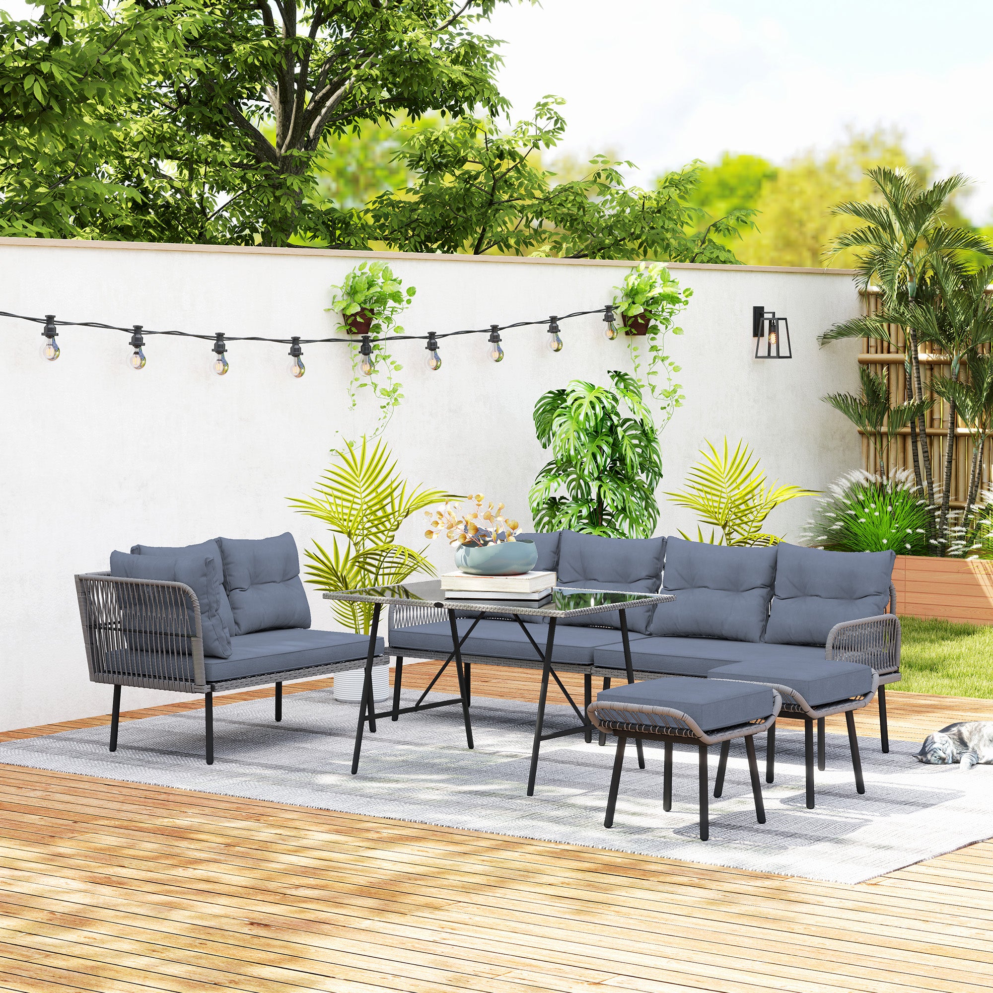 6 Piece Rattan Garden Furniture Set, 8 Seater Garden Corner Sofa with Cushions and Glass Top Table, Sectional Outdoor Furniture Conservatory Set for Patio, Charcoal Grey