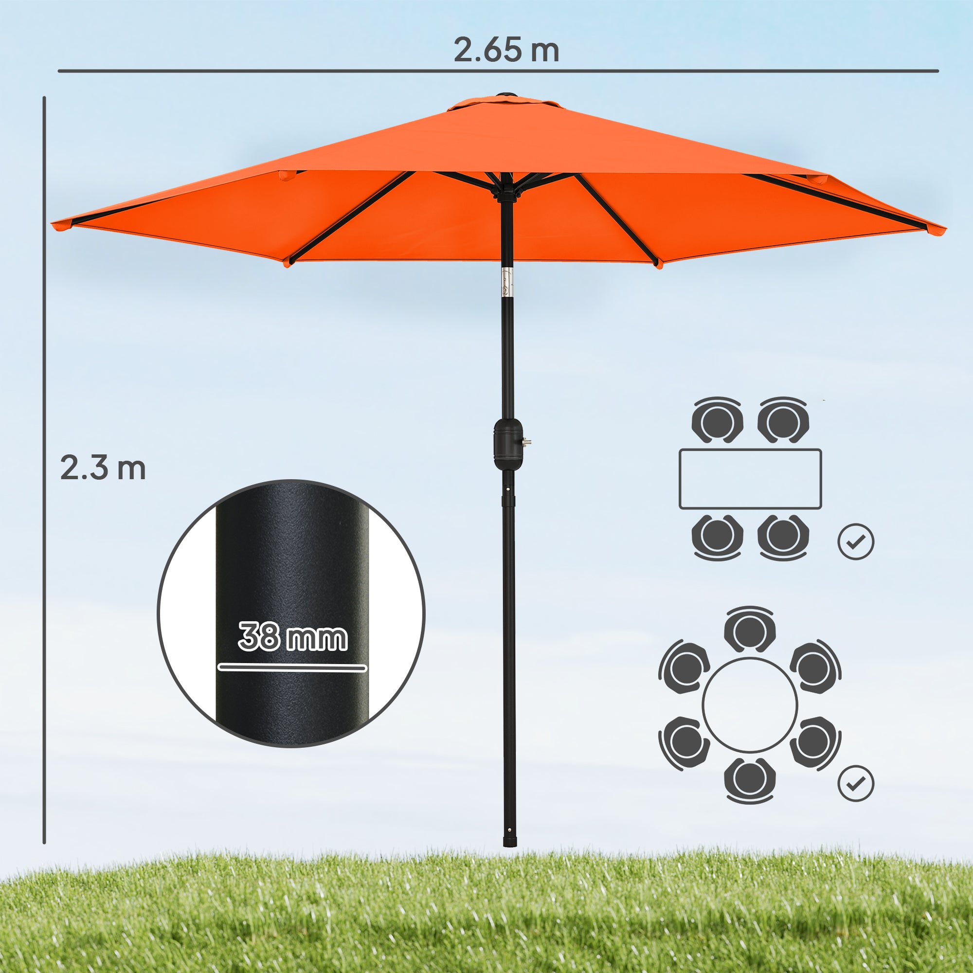 2.6 m Garden Parasol Umbrella with Aluminium Pole, Outdoor Patio Umbrella with Tilt and Crank, Vent, Orange