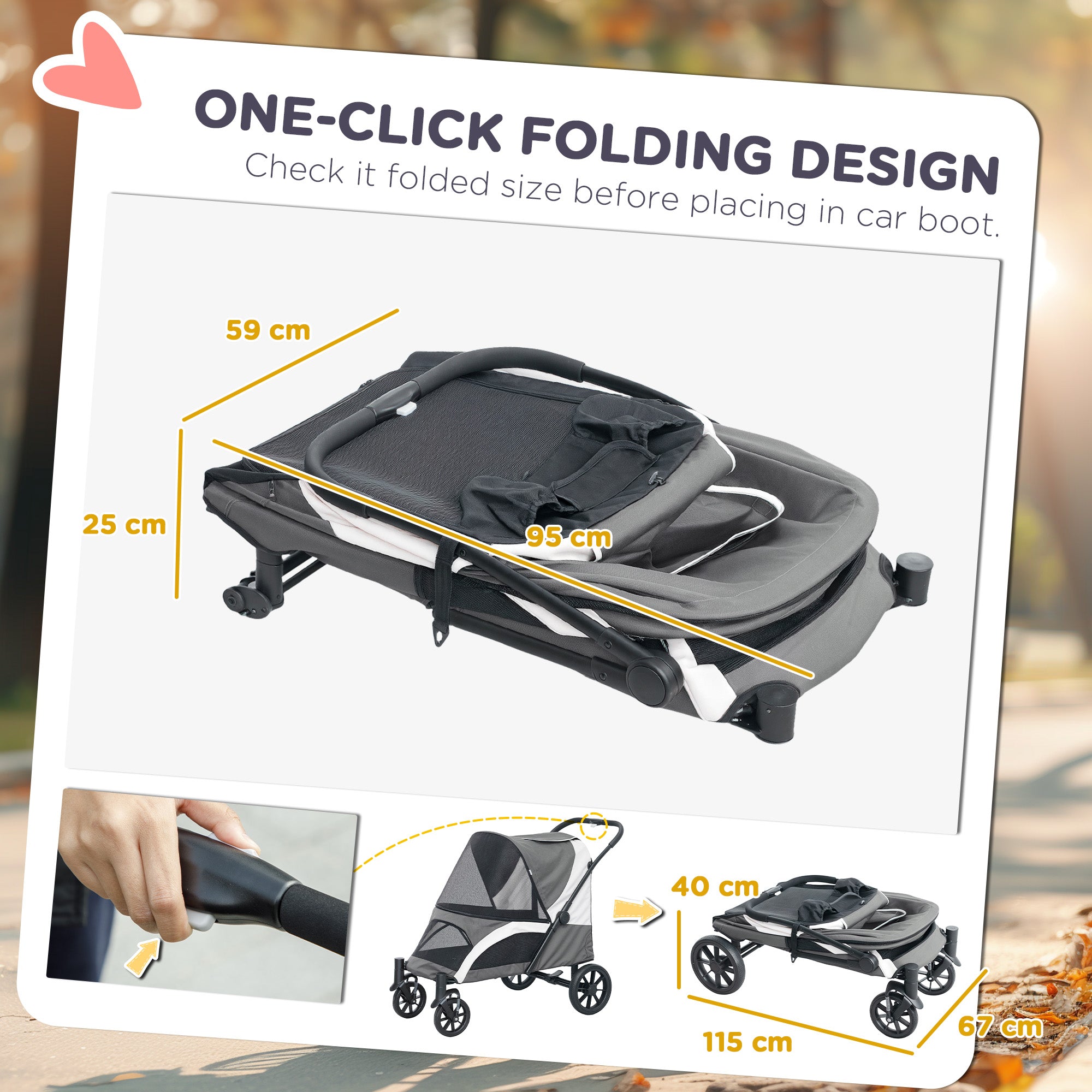 Easy Folding Pet Stroller for Large Dogs with 4 Big Wheels, Shock Absorb Frame, Safety Leashes, Brakes, Dark Grey
