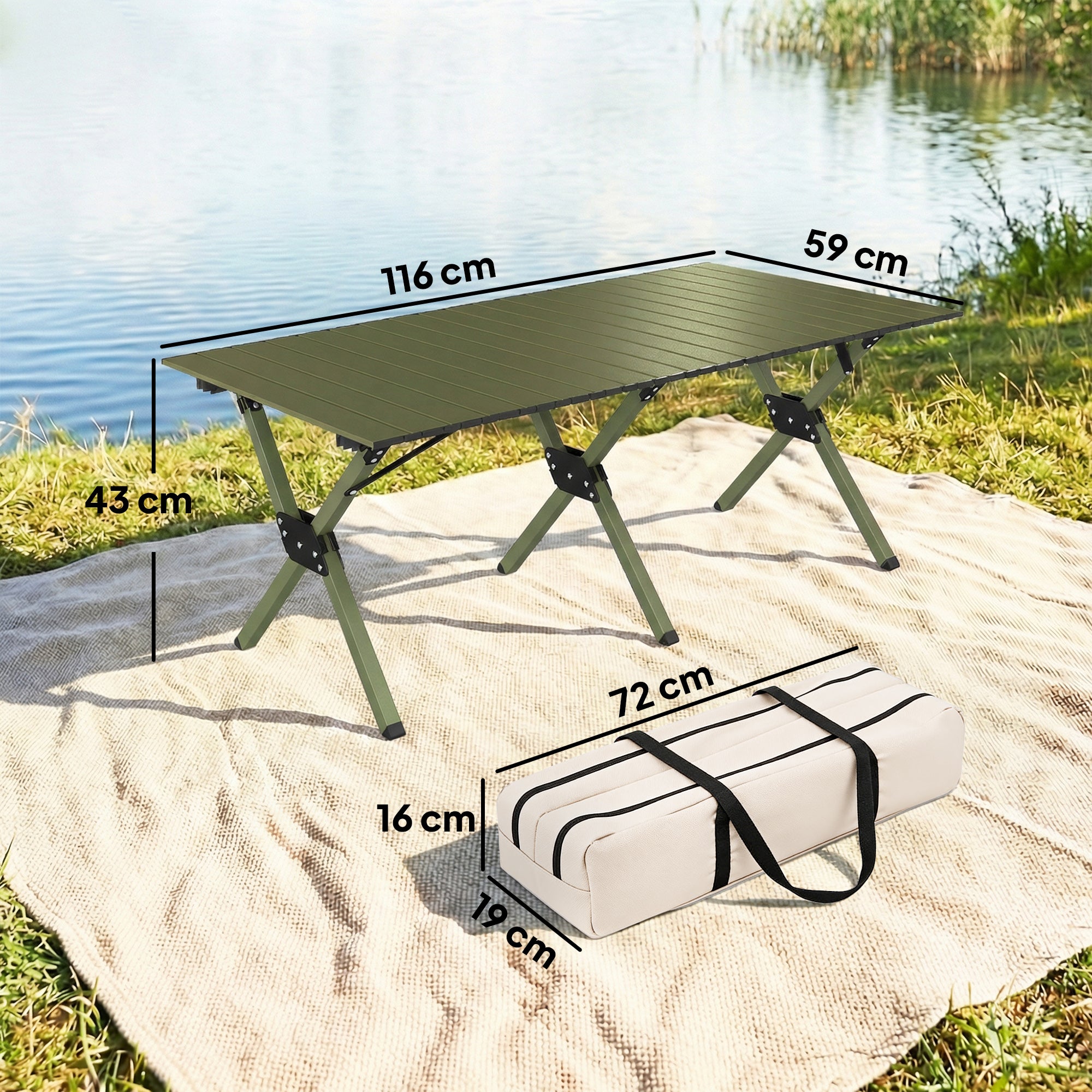 4ft Folding Camping Table, Waterproof Picnic Table with Roll Up Top and Metal Frame, Green