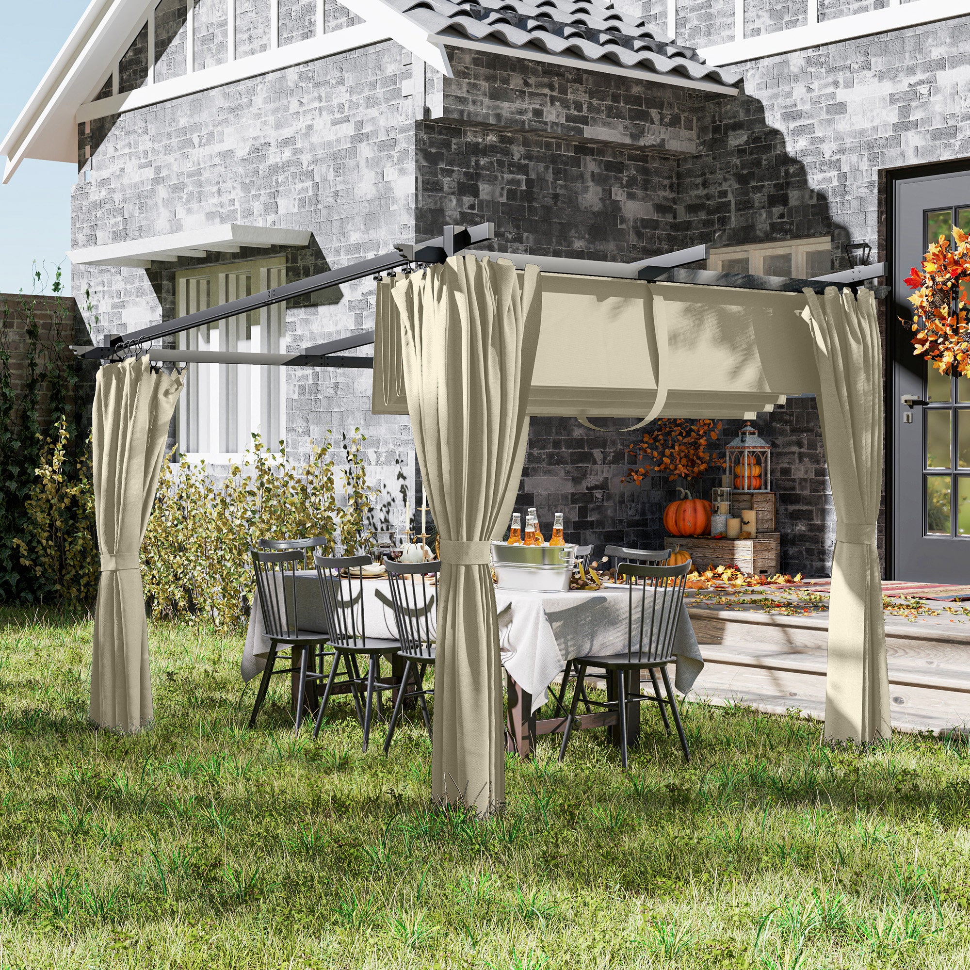 3 x 3 Metre Retractable Roof Pergola with Curtains - Beige