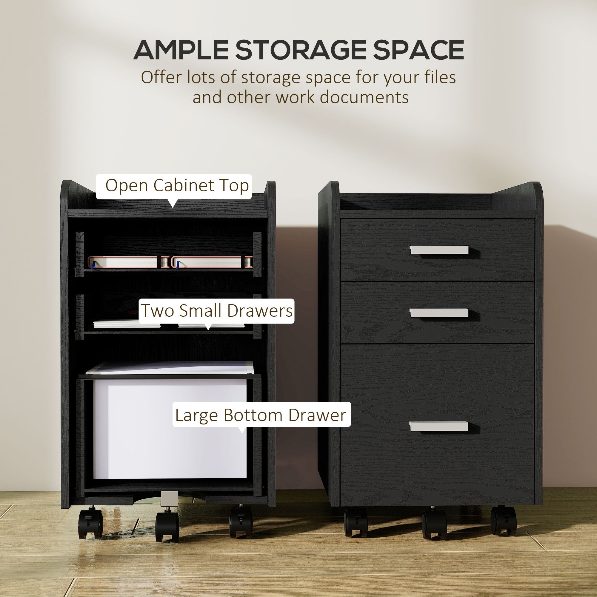 3 Drawer Filing Cabinet, Rolling File Cabinet with Edged Top for Letter, A4 Size, Hanging File Folders, Black
