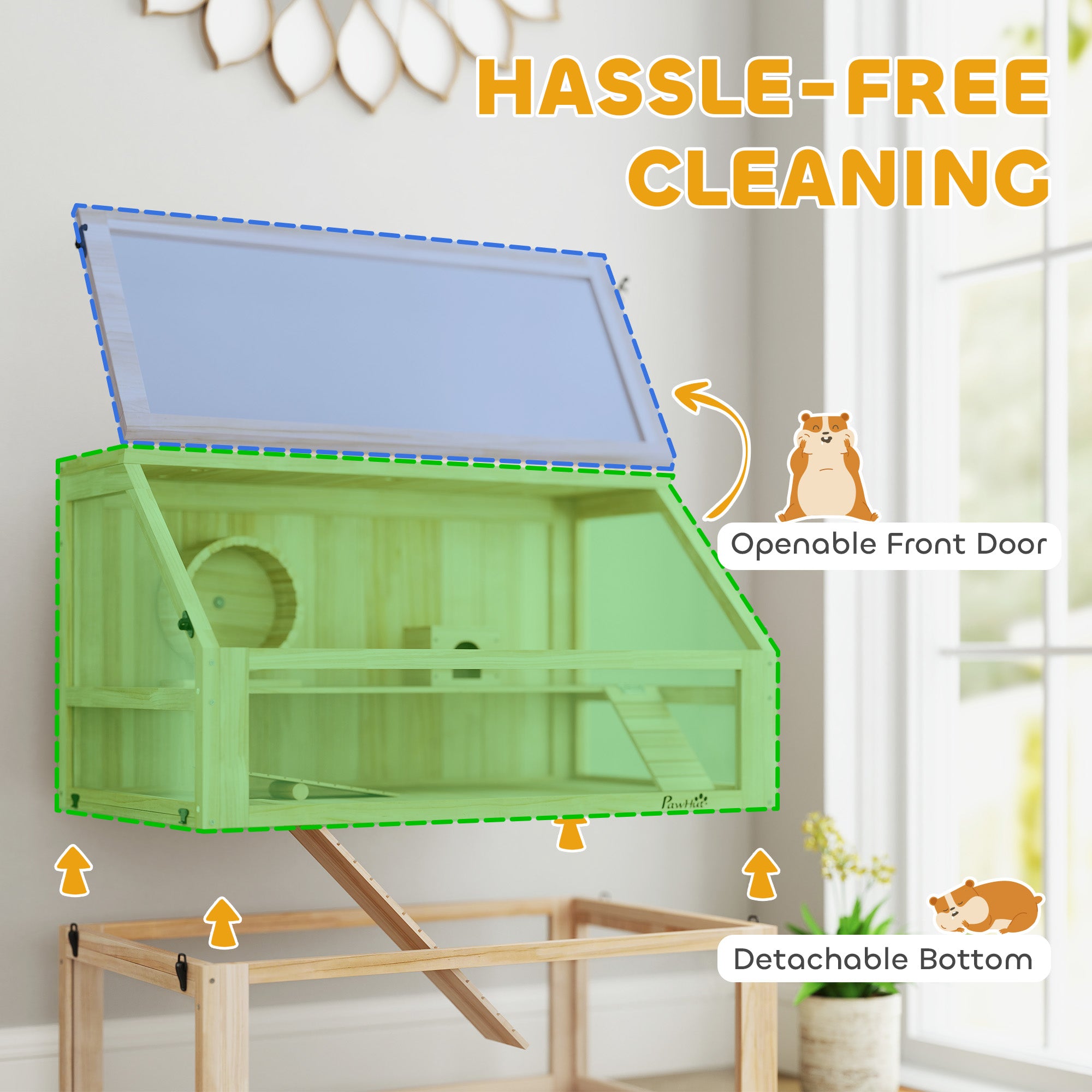 Wooden Hamster Cage with Detachable 31cm Deep Bottom, Hut, Seesaw, Exercise Wheel, Ramp, 80 x 50 x 76cm, Natural