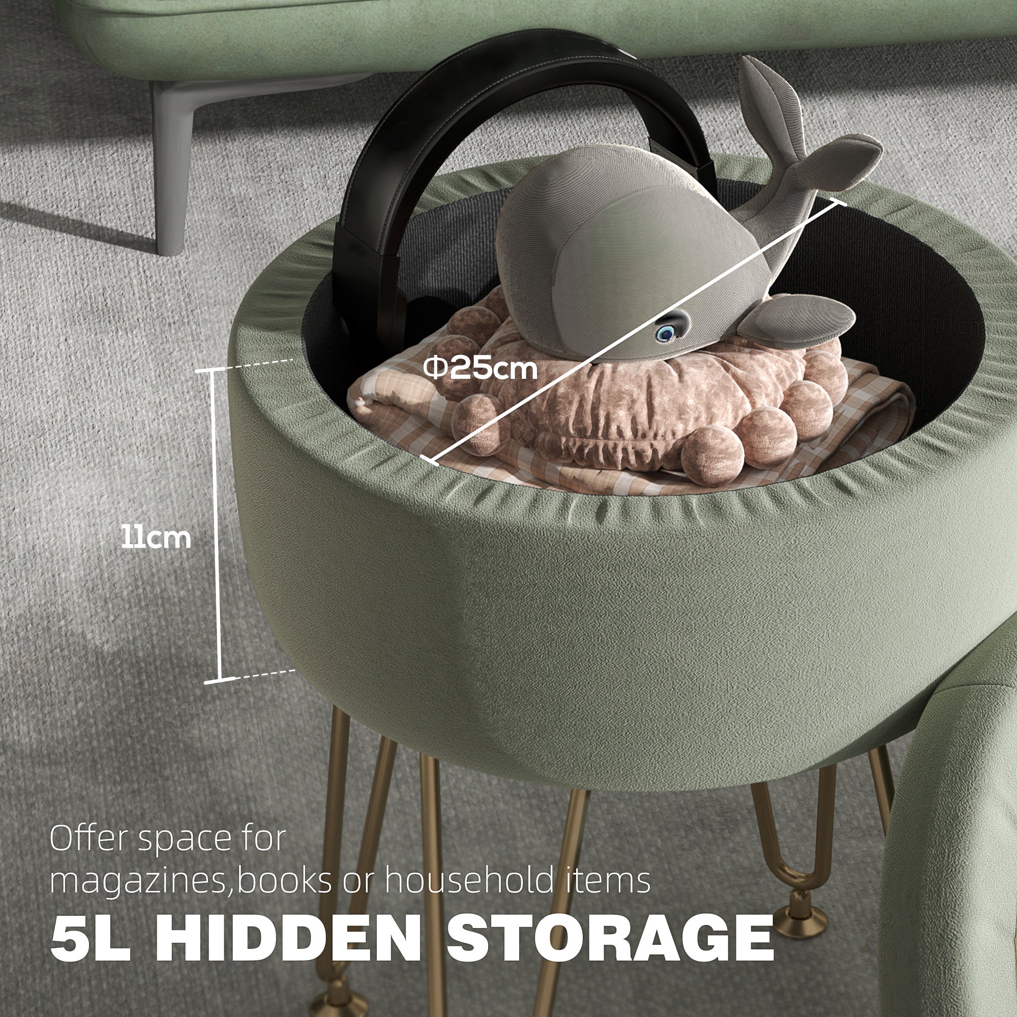 5L Velvet-Feel Storage Ottoman - Green