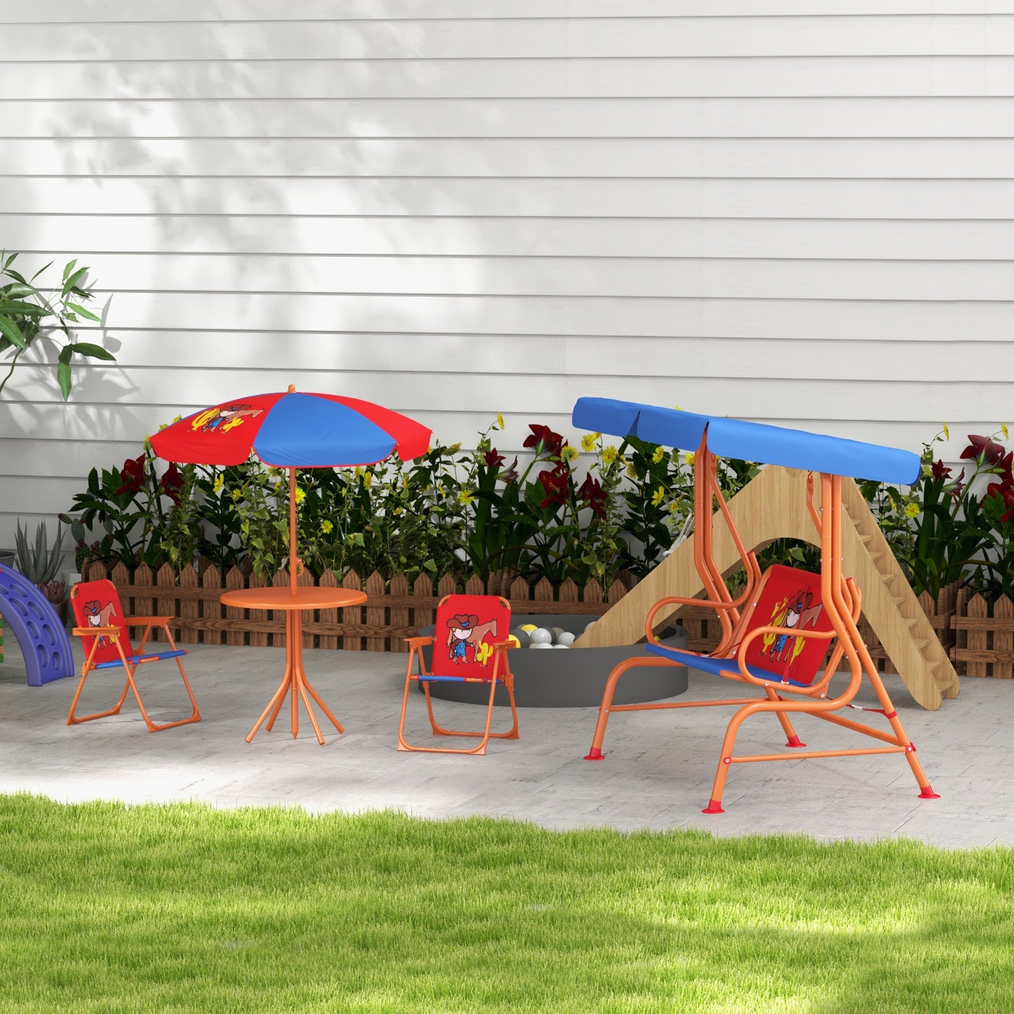 4 Piece Kids Garden Furniture Set with Adjustable Canopy, Cowboy Themed, Kids Garden Table and Chair Set and Double Seat Swing Chair for Patio Park Porch, for Ages 3-6 Years - Red and Blue