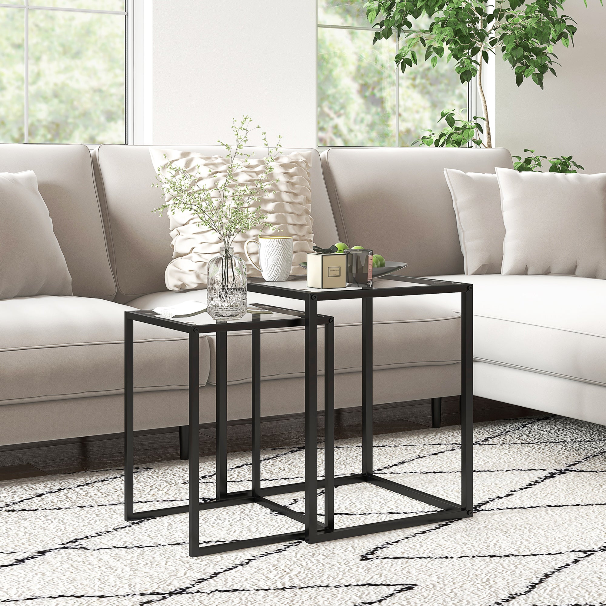 Nesting Tables Set of 2 with Tempered Glass Top and Steel Frame - Black