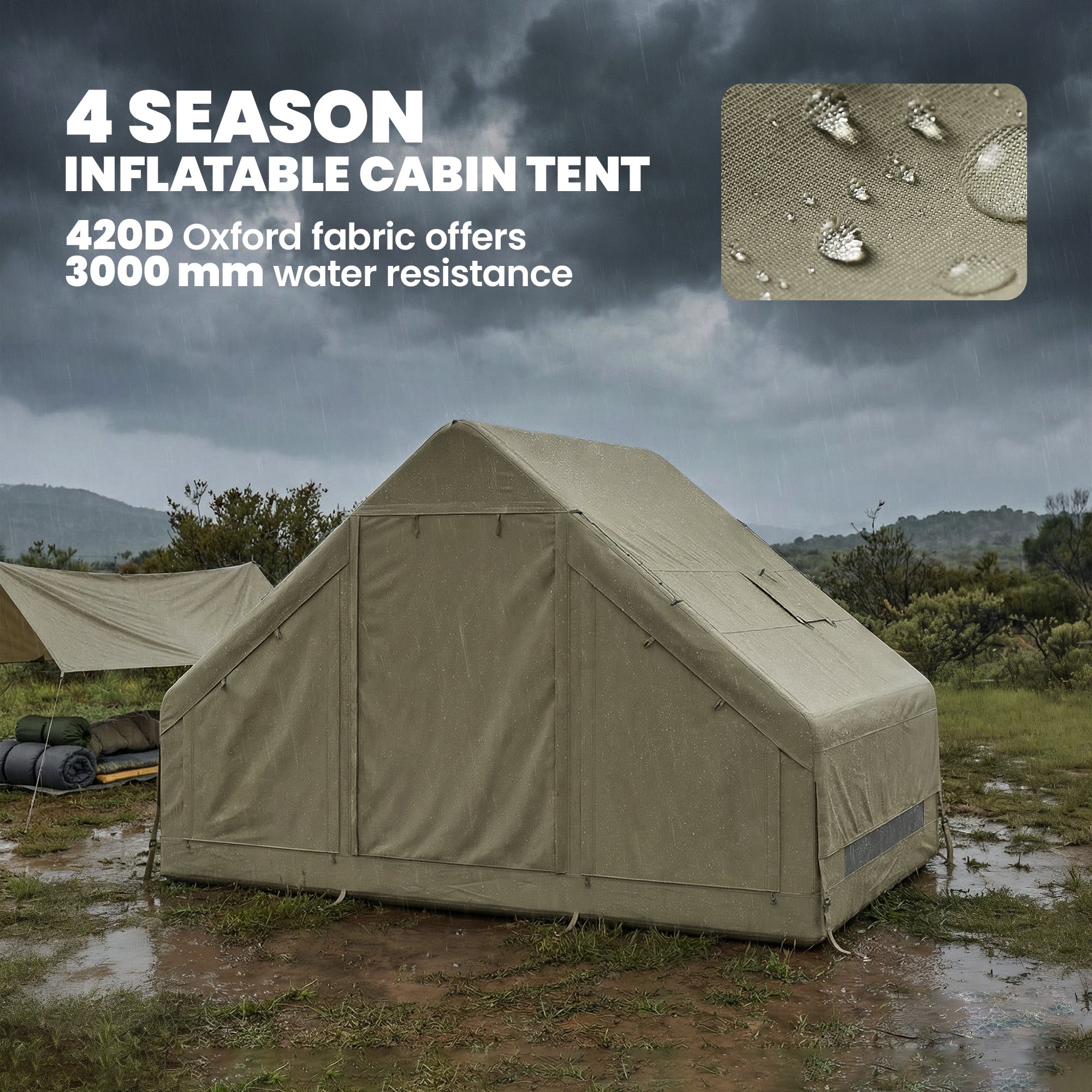 Inflatable Camping Tent with Pump and Stove Jack Hole, Luxury Inflatable Tent with Mesh Windows, Doors, Olive Green