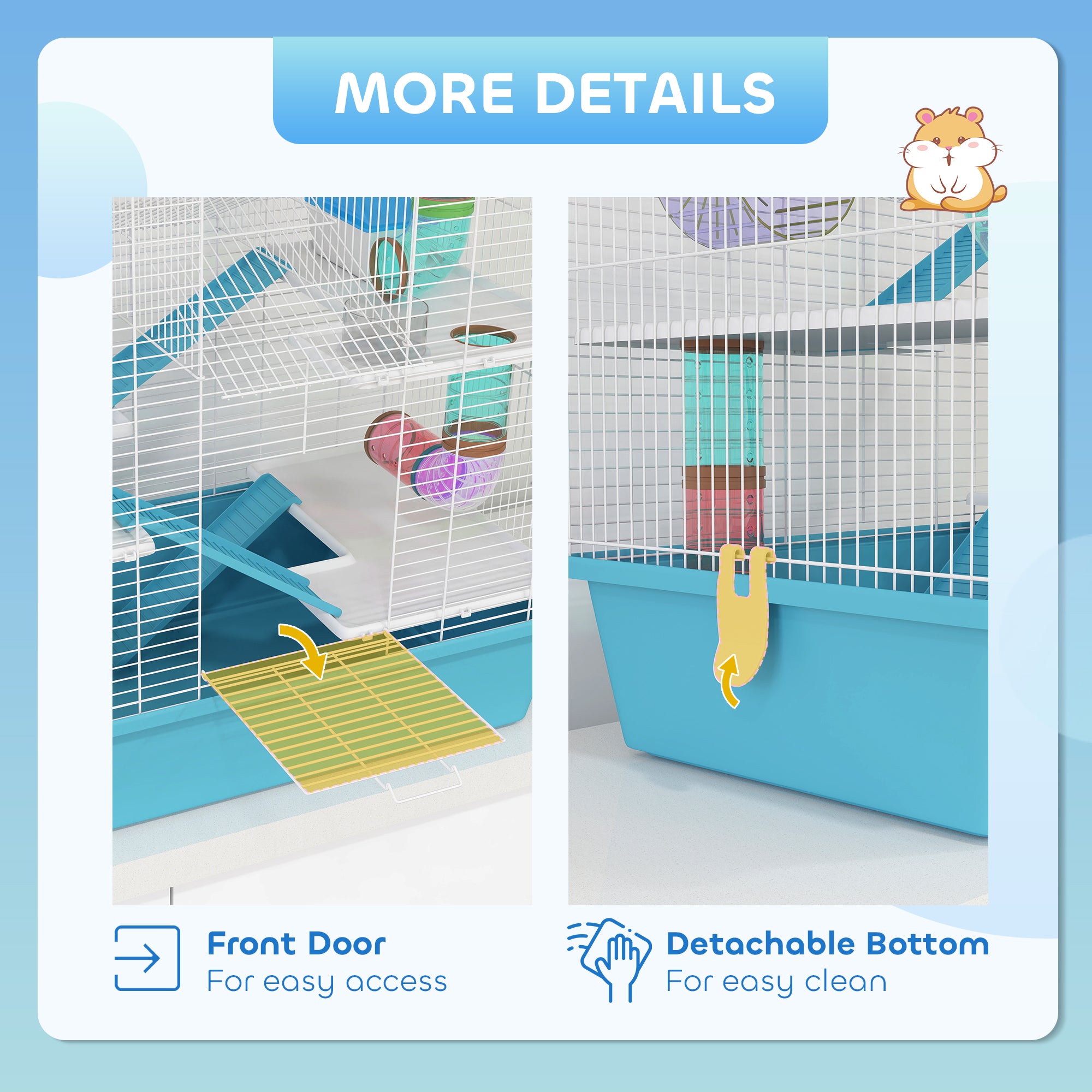 4 Tier Hamster Cage w/ Tubes, Exercise Wheel, Hut, Water Bottle, Food Dish, Ramps, for Drawf, 58 x 36 x 65cm, Light Blue