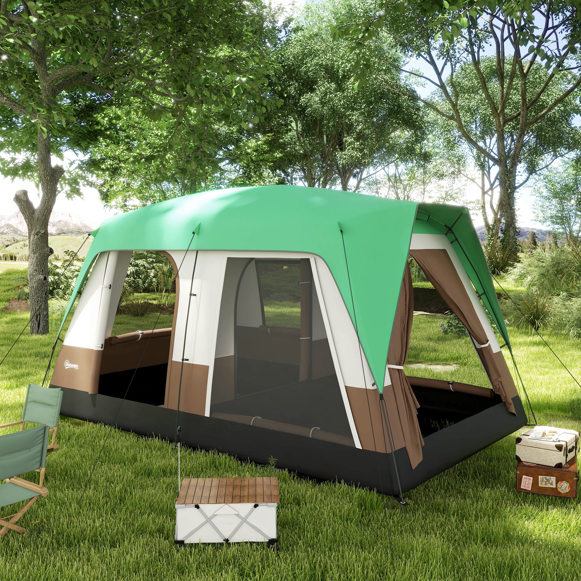 Six-Man Camping Tent, with Small Rainfly and Accessories - Green