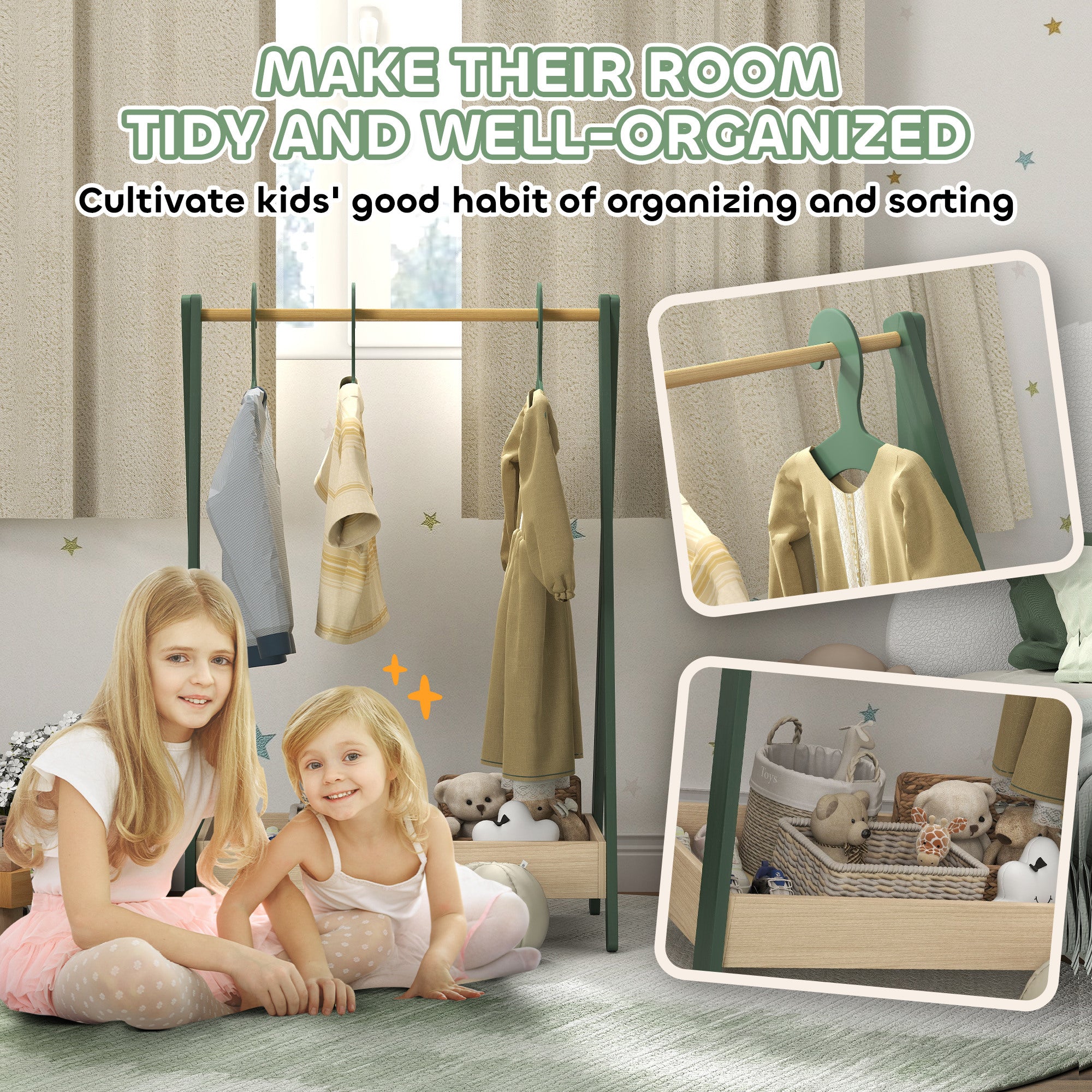 Kids Clothes Rail with 3Hangers, Bottom Storage Shelf for Girls, Boys, Nursery, Bedroom, Green