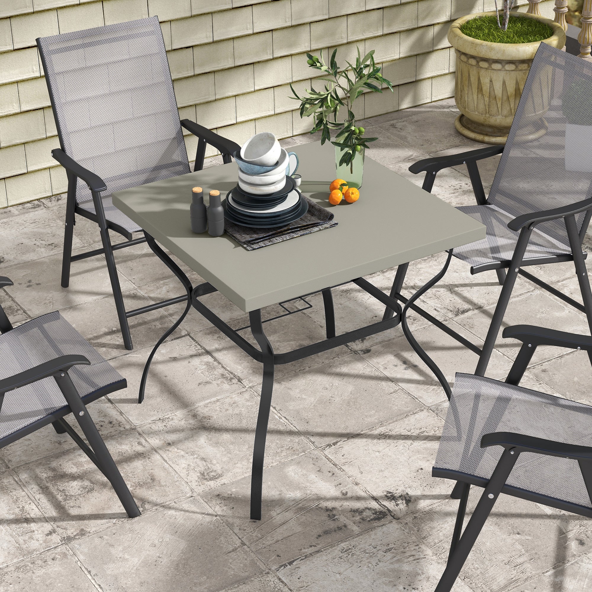 Four-Seater Steel Garden Table, with Parasol Hole - Grey/Black