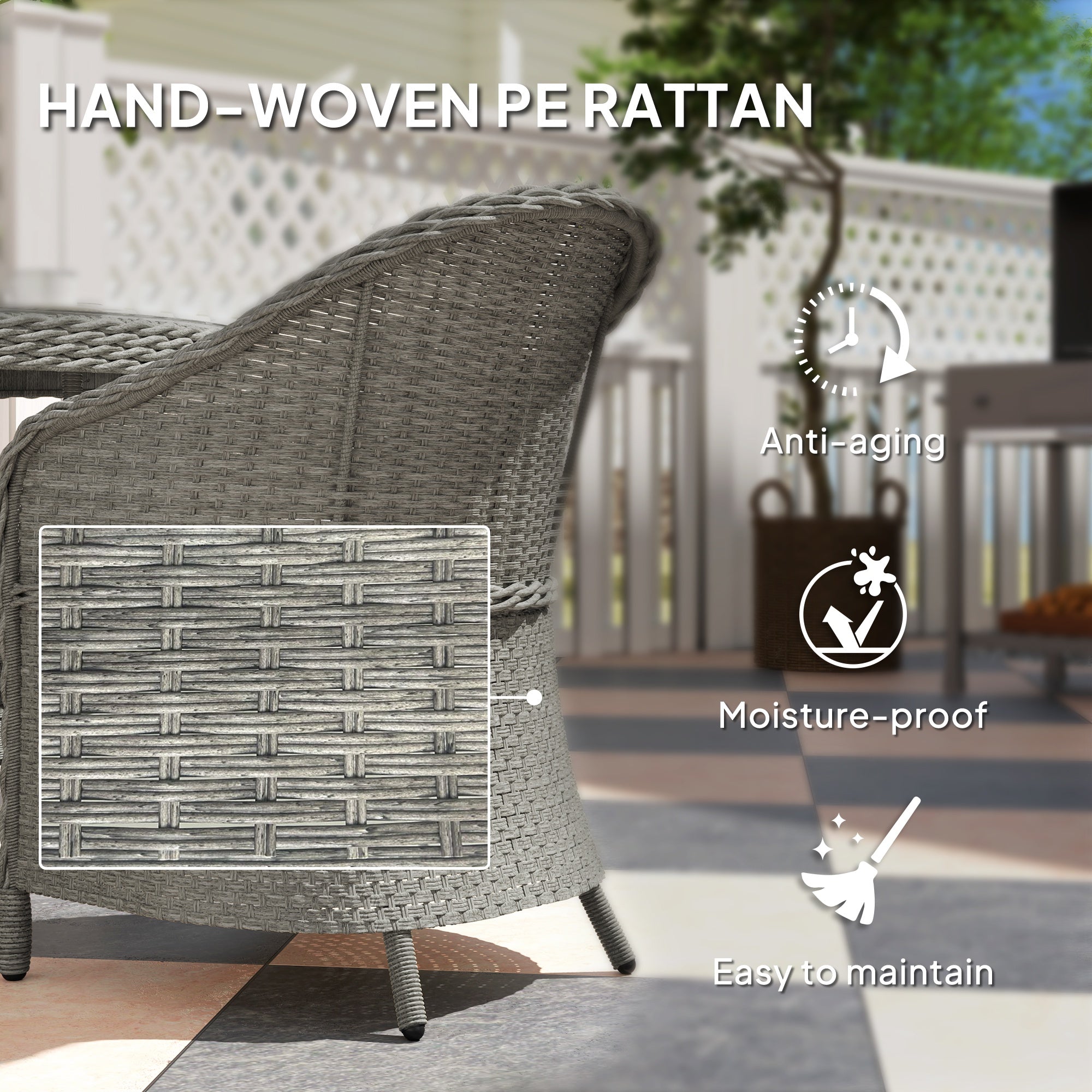 4 Seater Round PE Rattan Garden Dining Set with Cushions and Glass-Top Table - Grey
