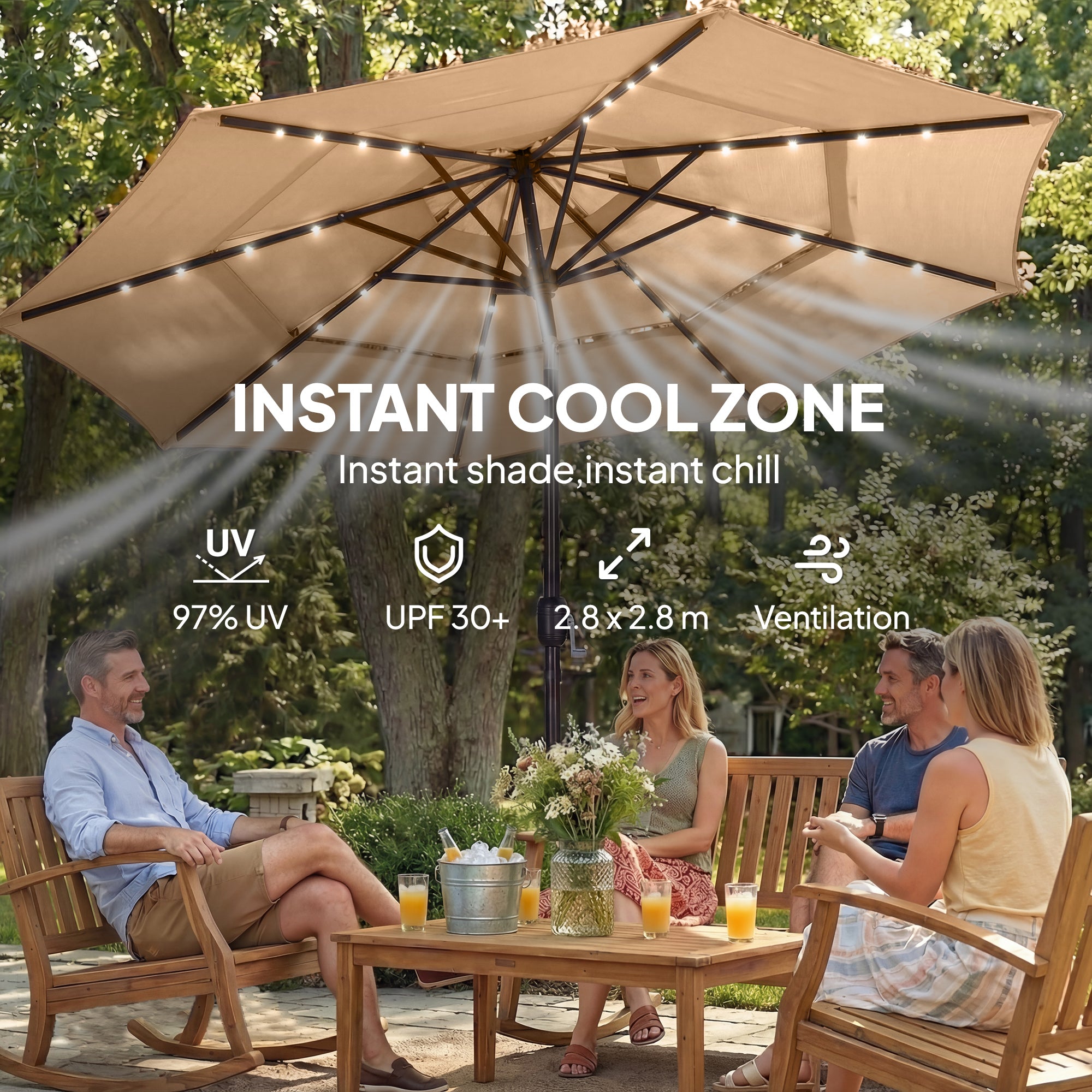 2.8 m Garden Parasol Umbrella with LED Solar Light, Parasol Cover, 3 Tier Outdoor Table Market Patio Umbrella, Khaki