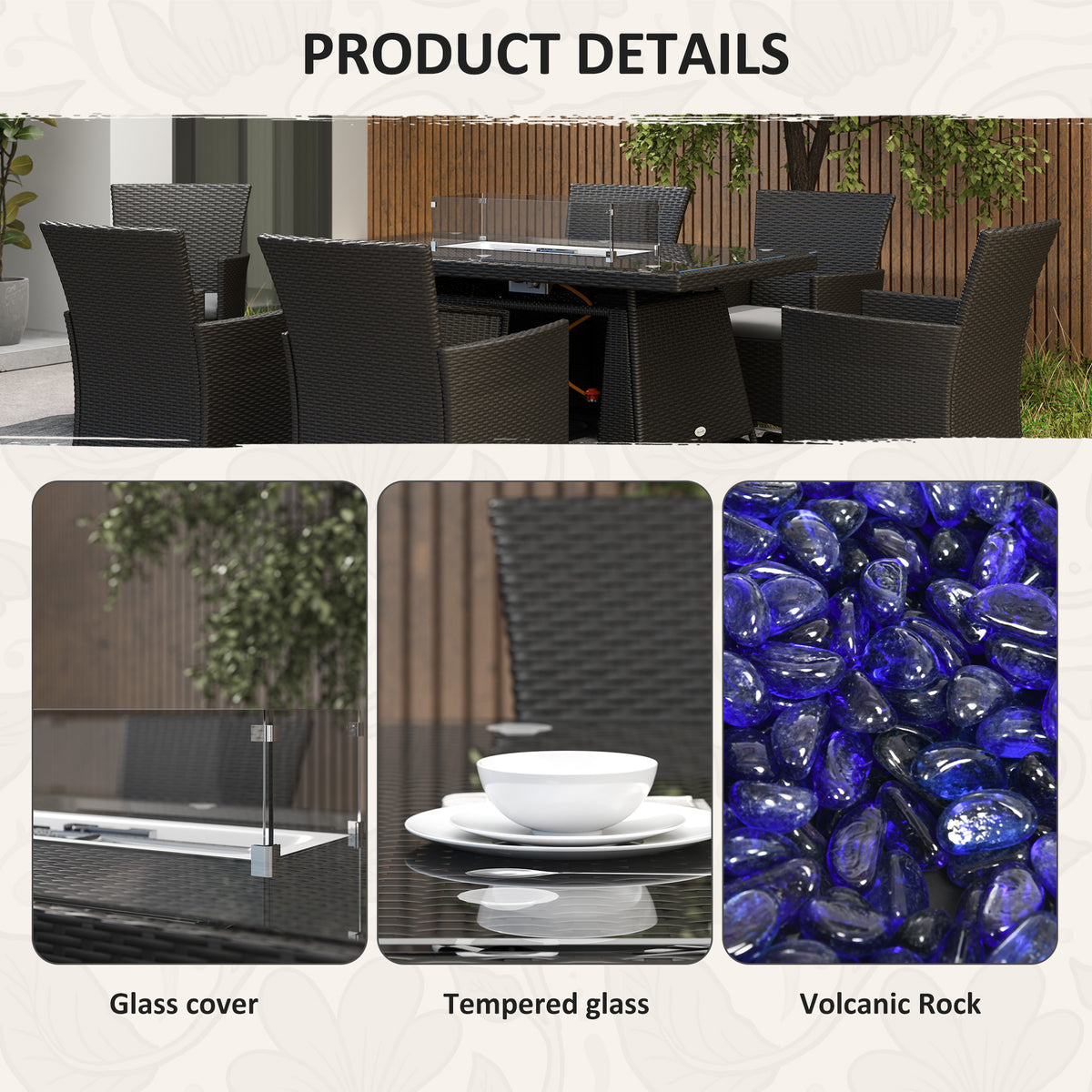 7 Piece Outdoor Rattan Garden Dining Set with 6 Chairs, Fire Pit Table & 50,000 BTU Propane Heater - Black
