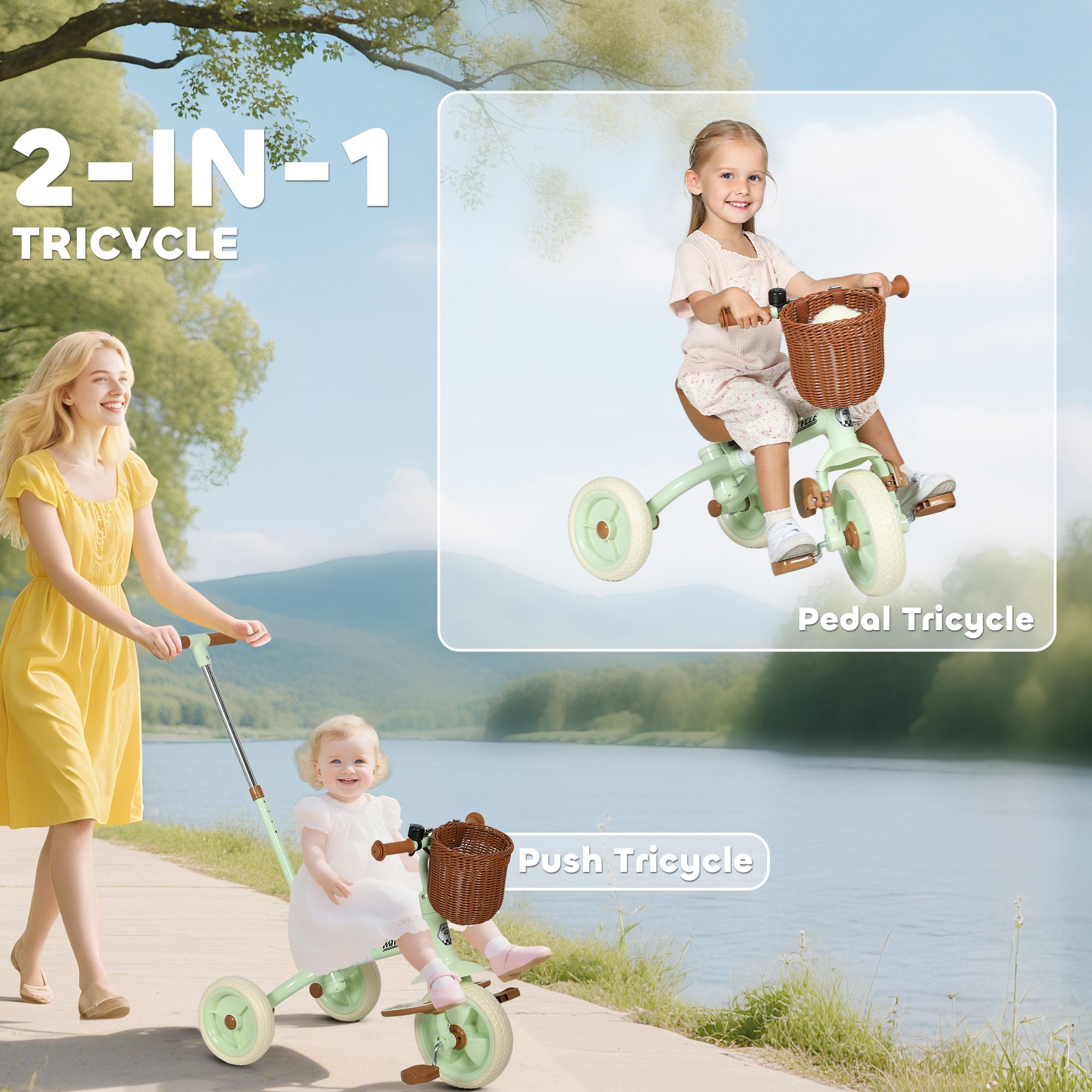 2-In-1 Toddler Trike for 2-5 Years Old, 3 Wheel Bike with Adjustable Parent Handle, Basket for Boys and Girls, Green