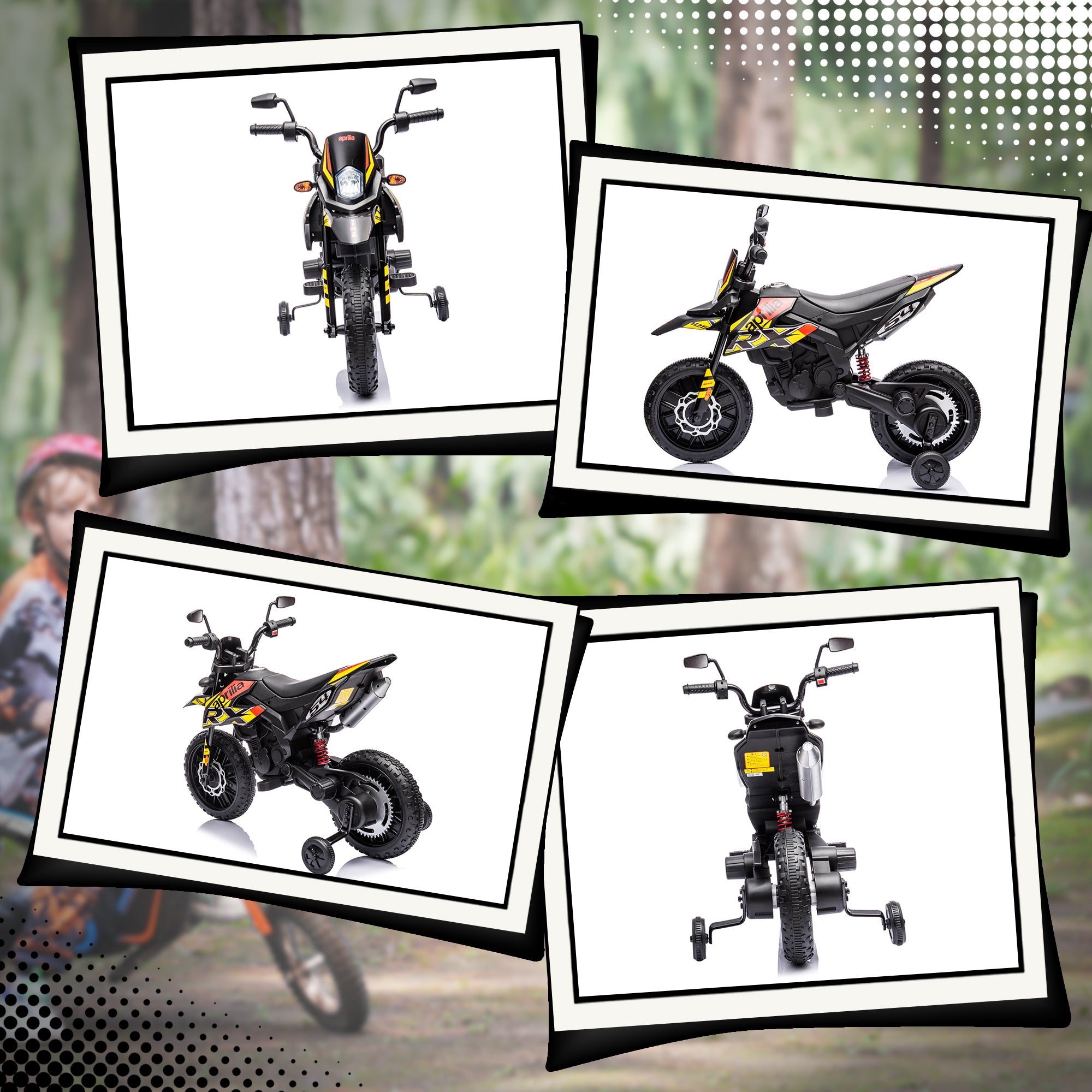 12V Aprilia Licenced Kids Motorbike with Training Wheels, Spring Suspension, LED Light, USB, Music, Yellow