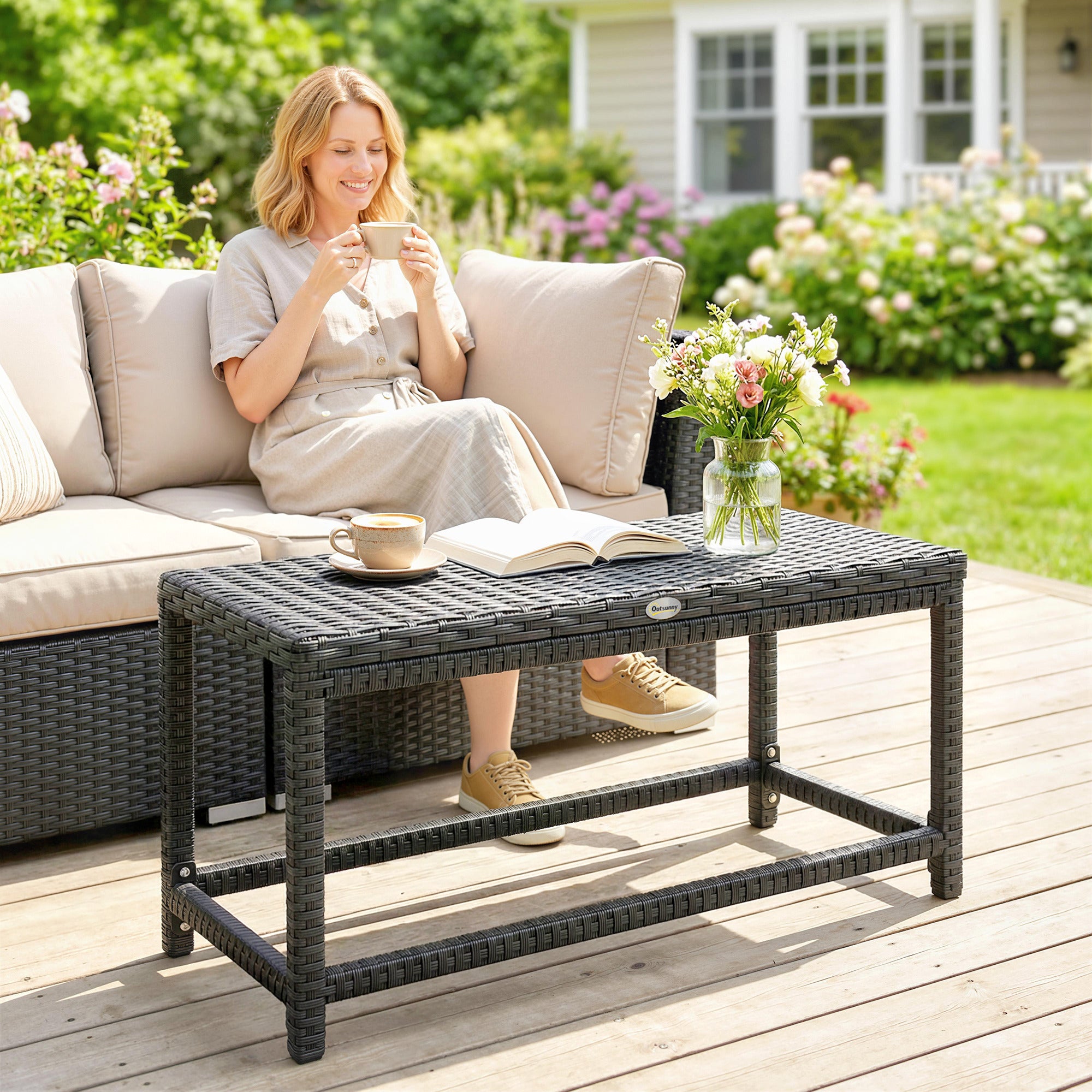 Outdoor Coffee Table Side Table with Rectangular Frame for Patio, Balcony, Black