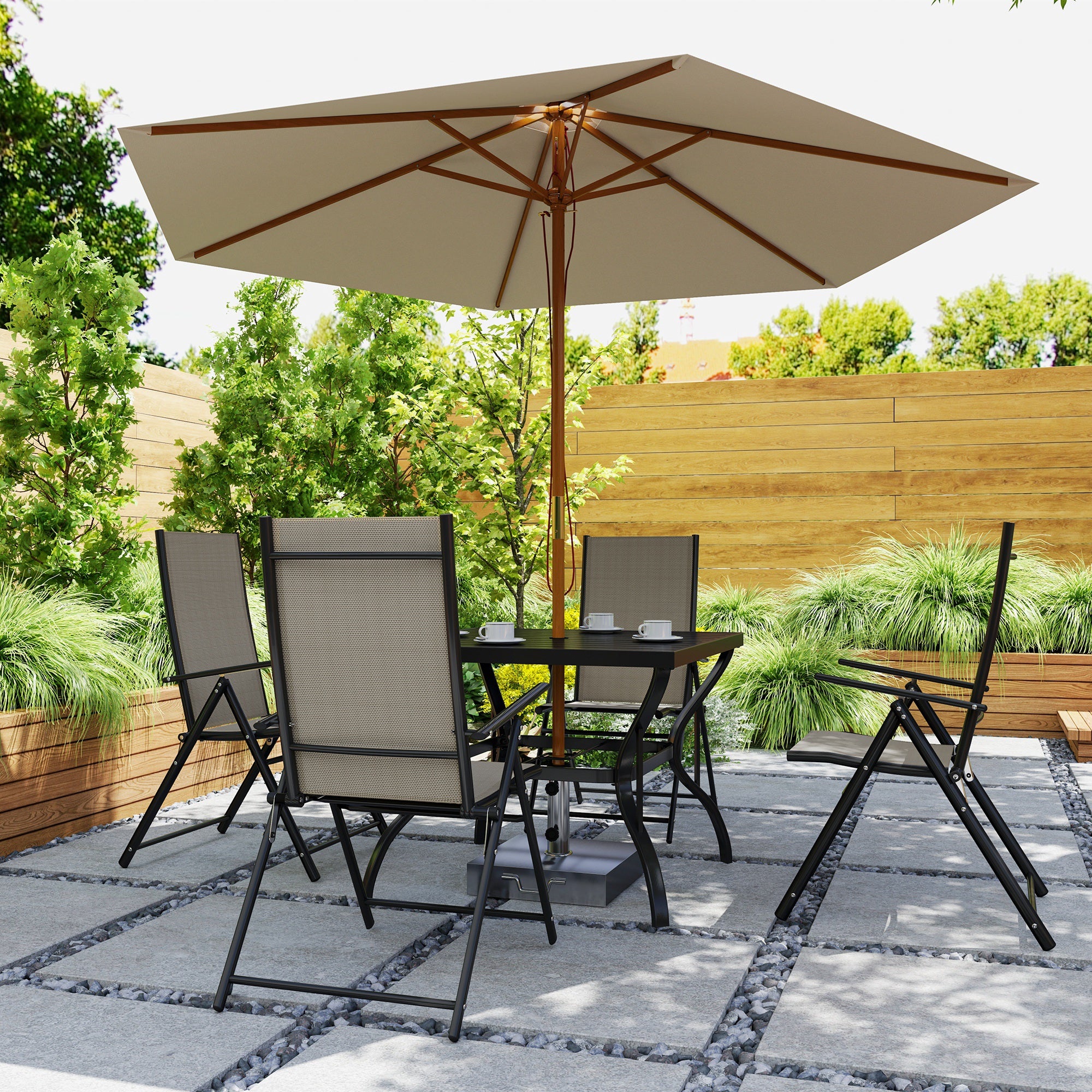 5 Piece Steel Frame Patio Dining Set with Folding Chairs - Khaki Black