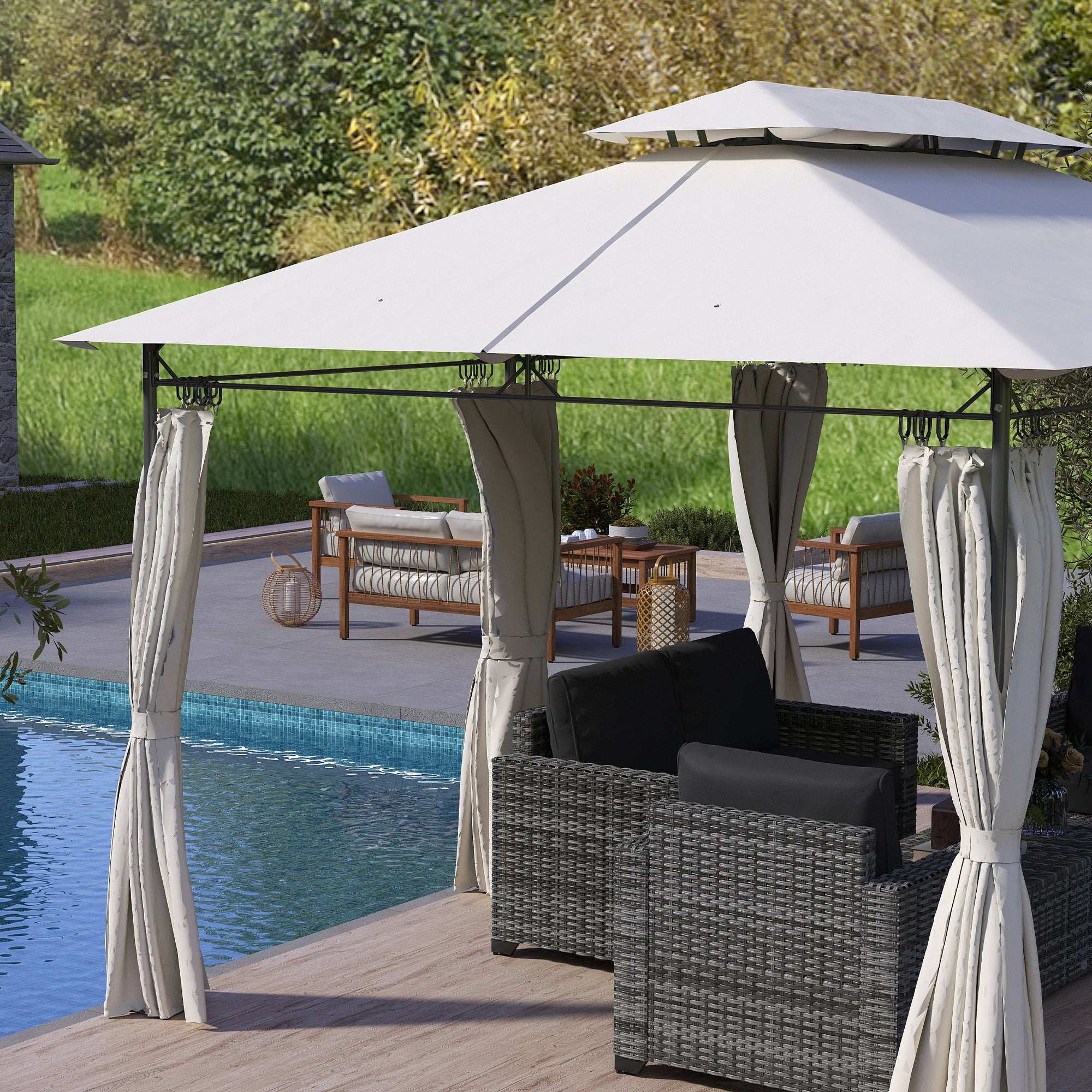 3 x 4m Metal Frame Two-Tier Roof Gazebo - Dark Grey
