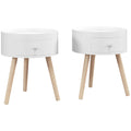Set of 2 Modern Round Side Tables with Drawer and Wood Legs for Living Room & Bedroom - White