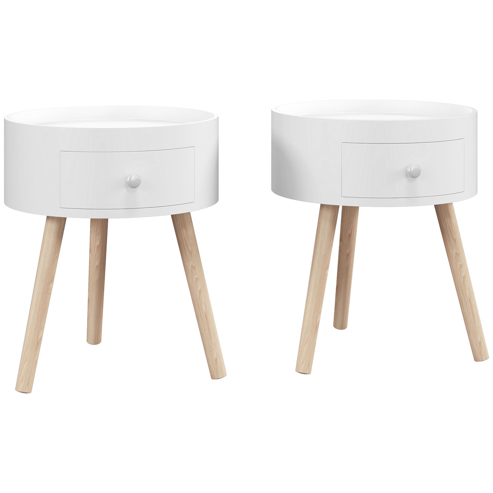 Modern Side Table, Small Coffee Table, Round Bedside Table with Drawer and Wood Legs for Living Room, Bedroom, Set of 2, White