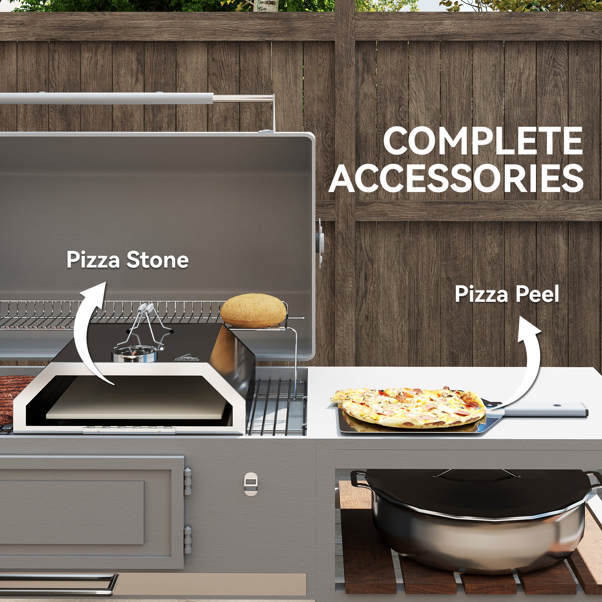 8 in Portable Stainless Steel BBQ Grill Top Pizza Oven with Built-in Thermometer and Viewing Window for Gas and Charcoal BBQ Grills, Includes Carry Handles, Pizza Stone and Peel, Silver Tone