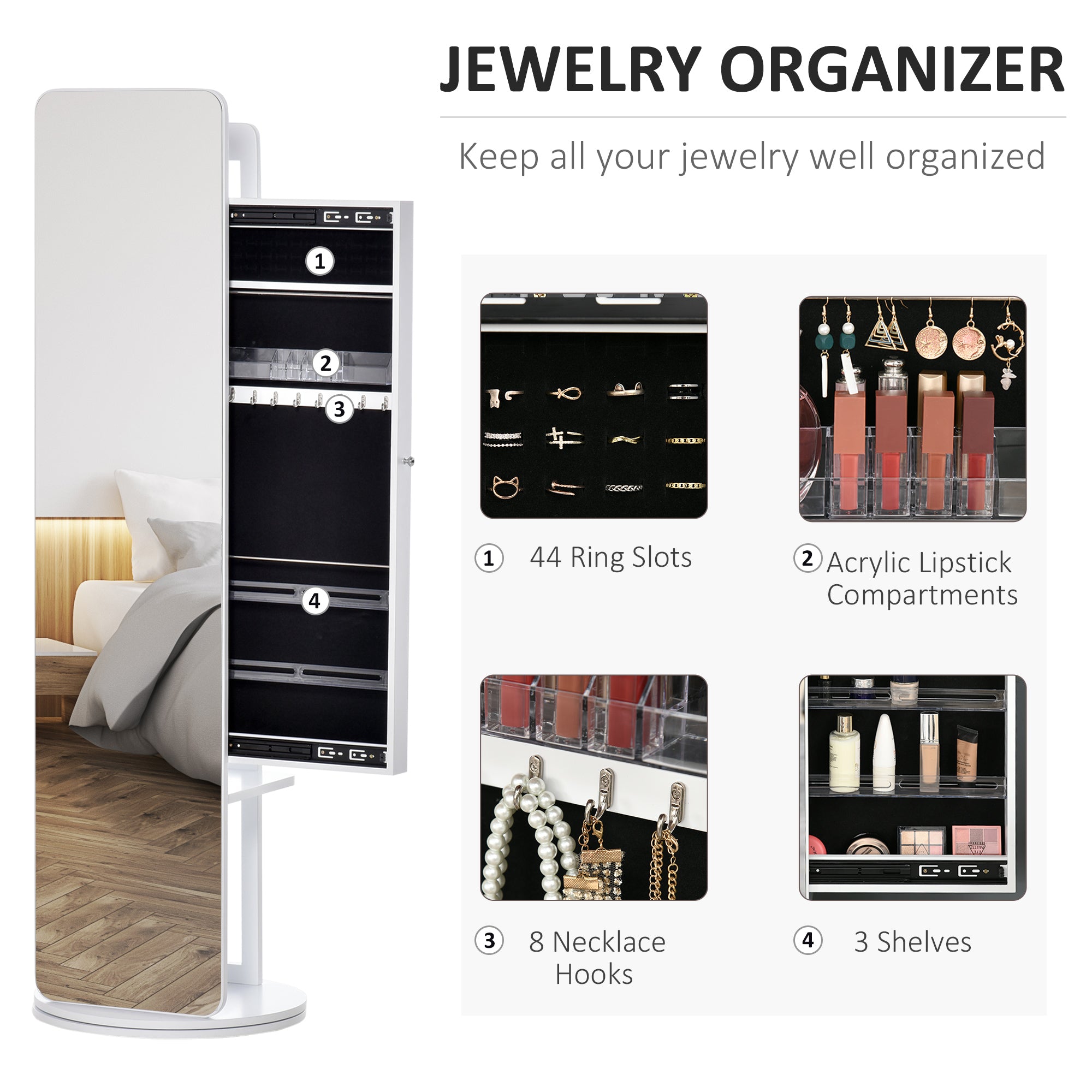 Full Length Mirror W/ Jewelry Cabinet Coat Rack, 360° Rotate White