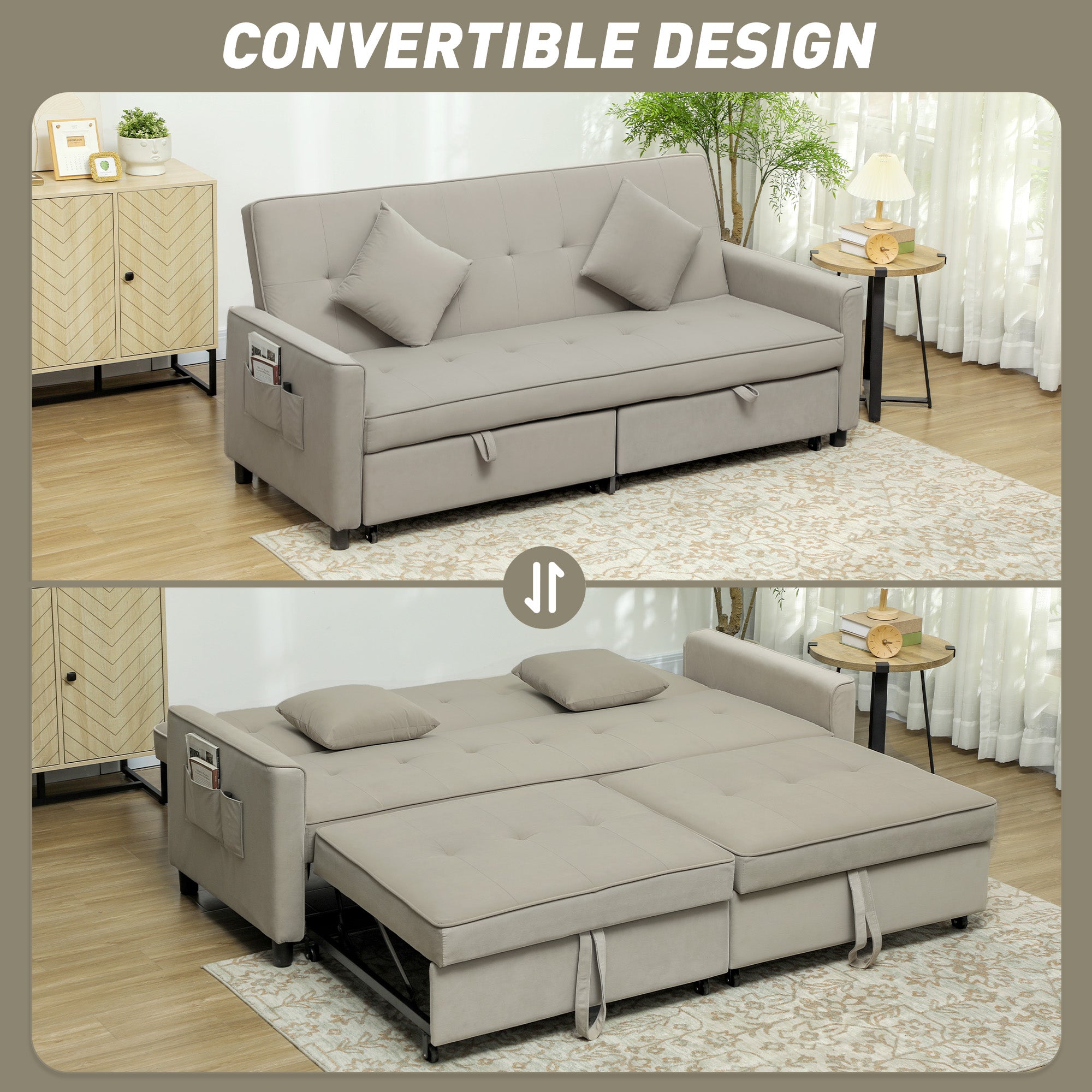 Three-Person Velvet-Feel Sofa Bed with Adjustable Backrest - Beige