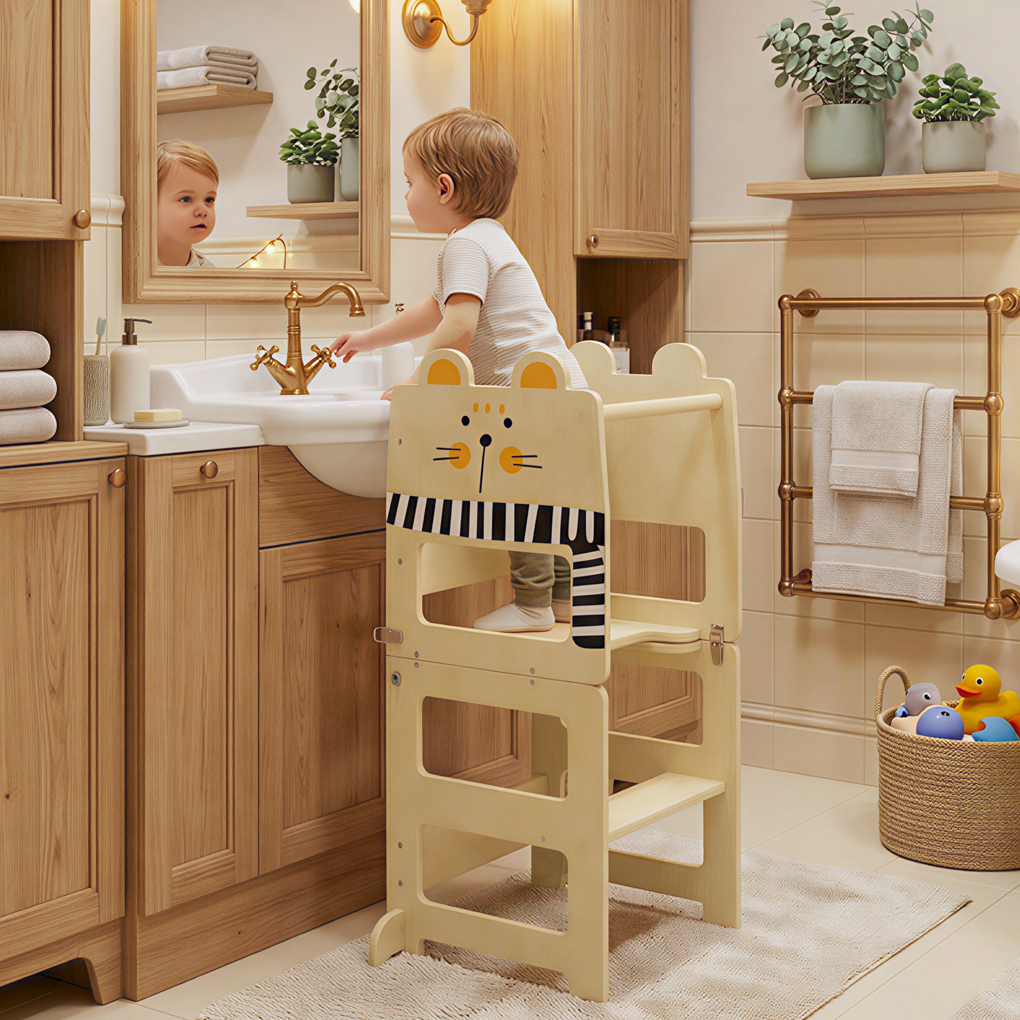 Toddler Step Stool, Standing Tower with Chalkboard, 3-in-1 Cat-Shaped Step Stool for Kitchen Counter, Natural