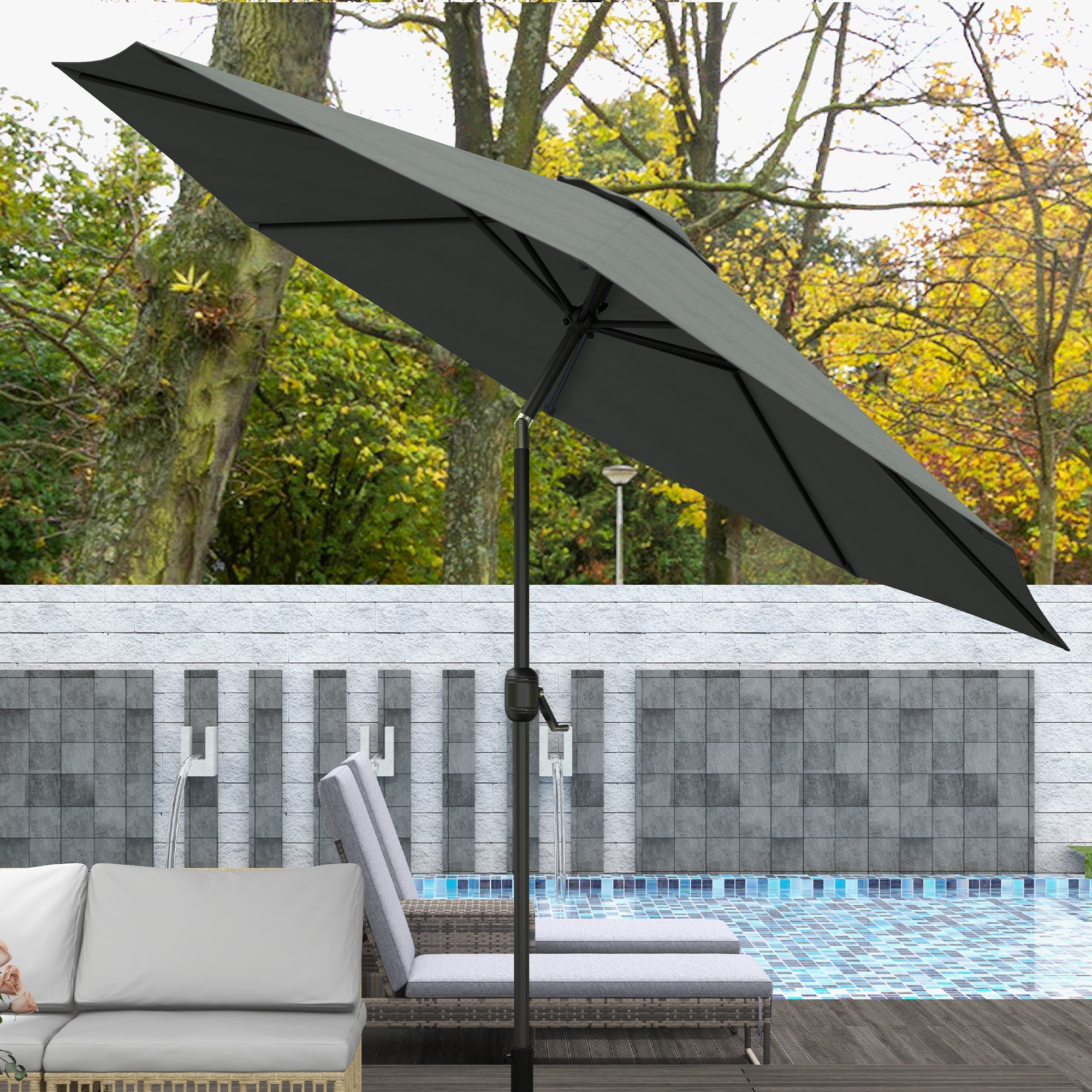 3m Tilting Garden Parasol with 8 Ribs, Crank Handle & Sun Shade for Balcony, Bench - Dark Grey