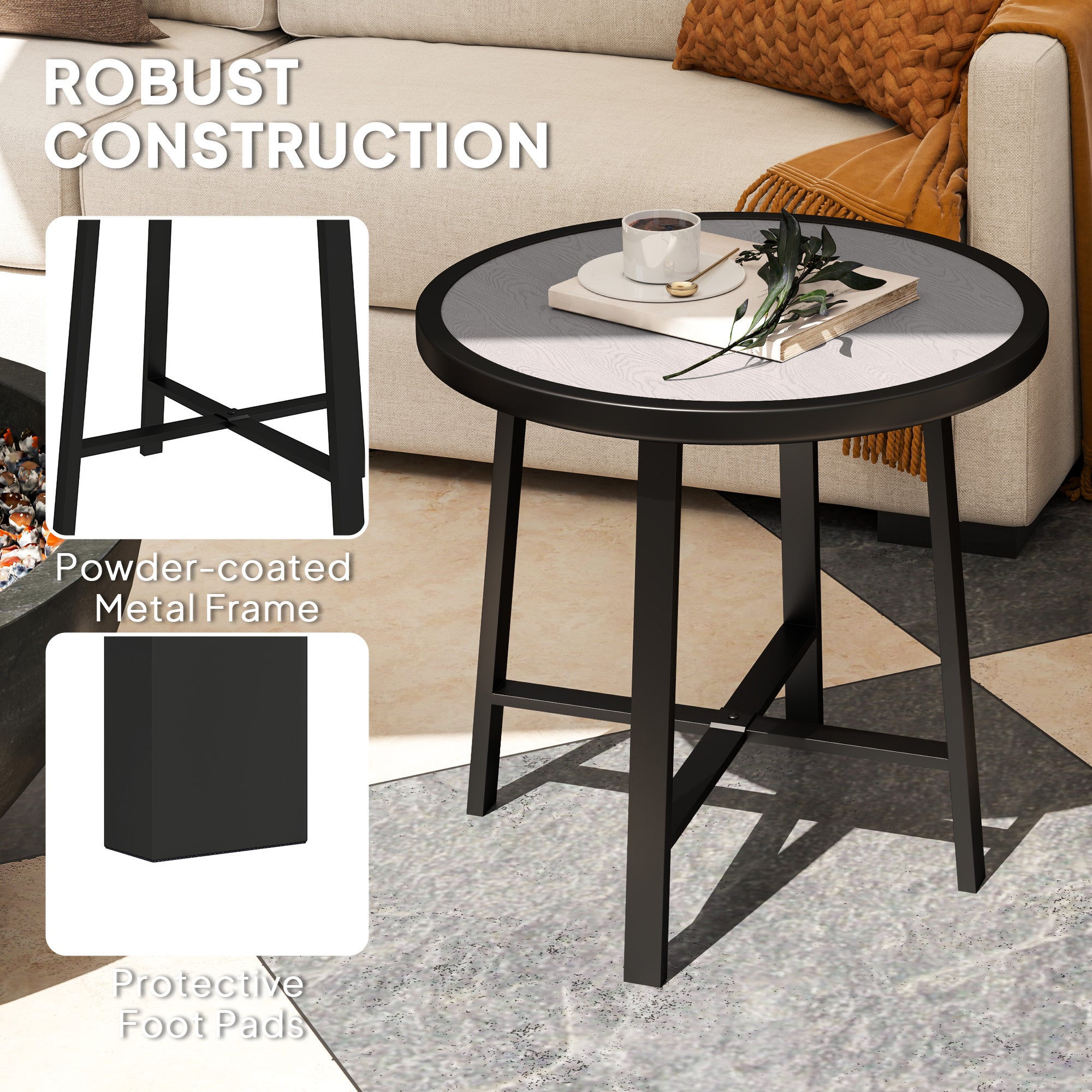 Small Round Garden Side Table with Waterproof SPC Top - Grey Wood Effect