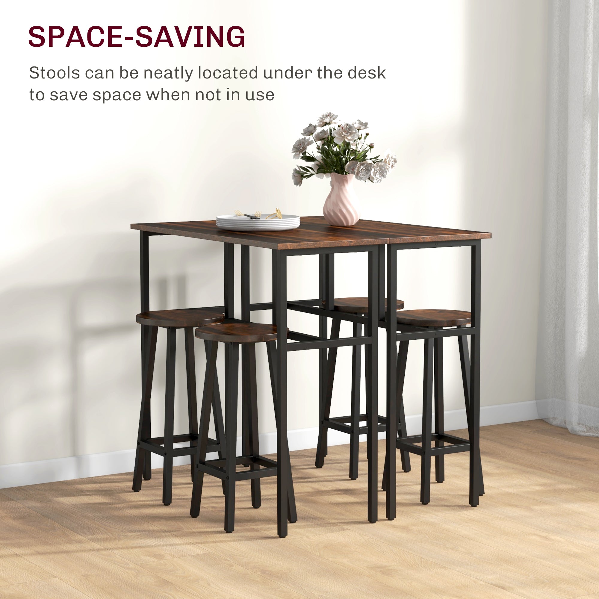 6-Piece Counter Height Bar Table Set with 2 Tables & 4 Stools - Rustic Brown