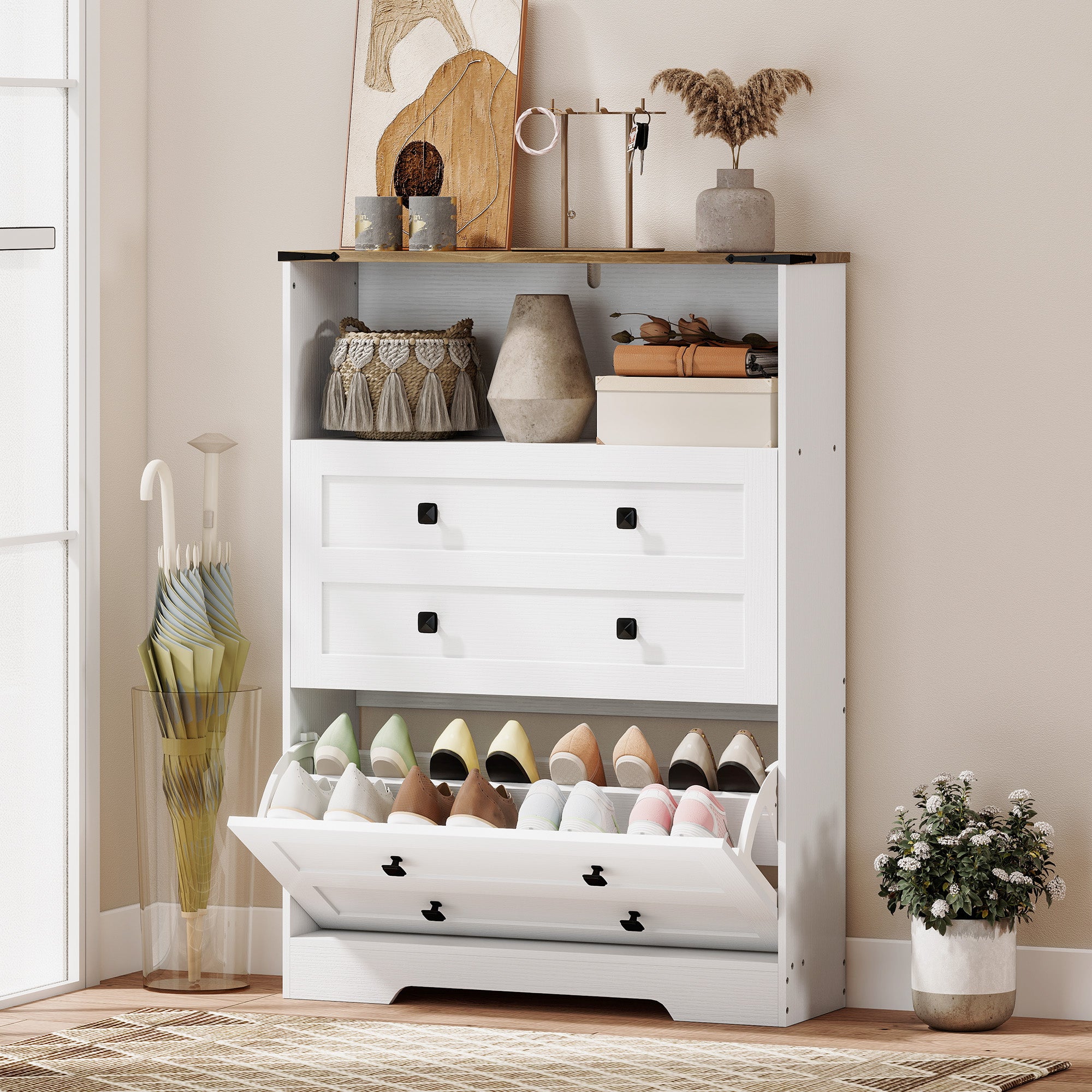 Shoe Cabinet with 2 Flip Drawers, Narrow Shoe Storage Cabinet, White